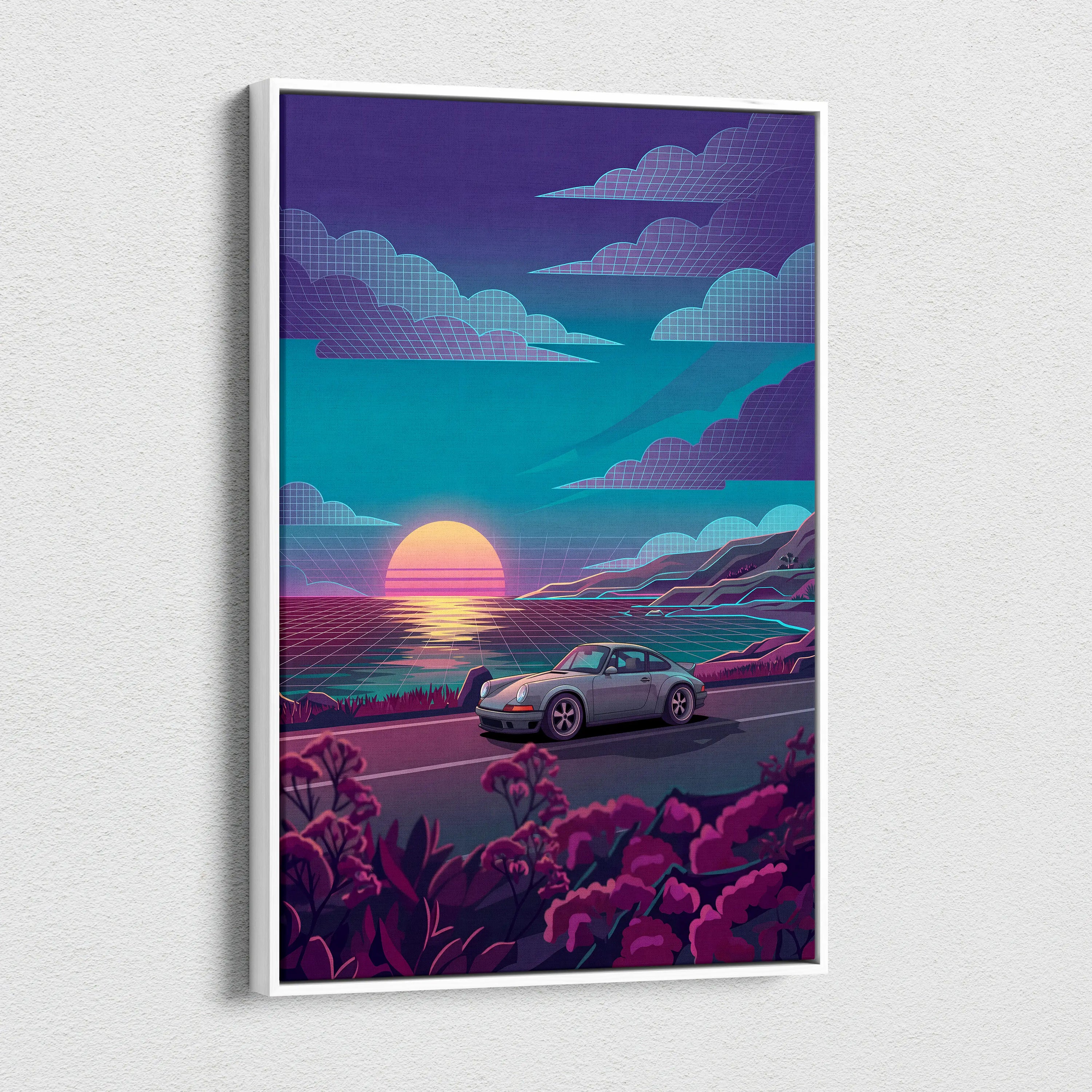 Porsche 911 Classic Inspired Silver Teal Coastal Canvas Wall Art Vaporwave Classic Car Artwork, Sunset Ocean Road Garage Decor Retro Futuristic Print