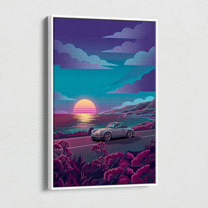 Porsche 911 Classic Inspired Silver Teal Coastal Canvas Wall Art Vaporwave Classic Car Artwork, Sunset Ocean Road Garage Decor Retro Futuristic Print