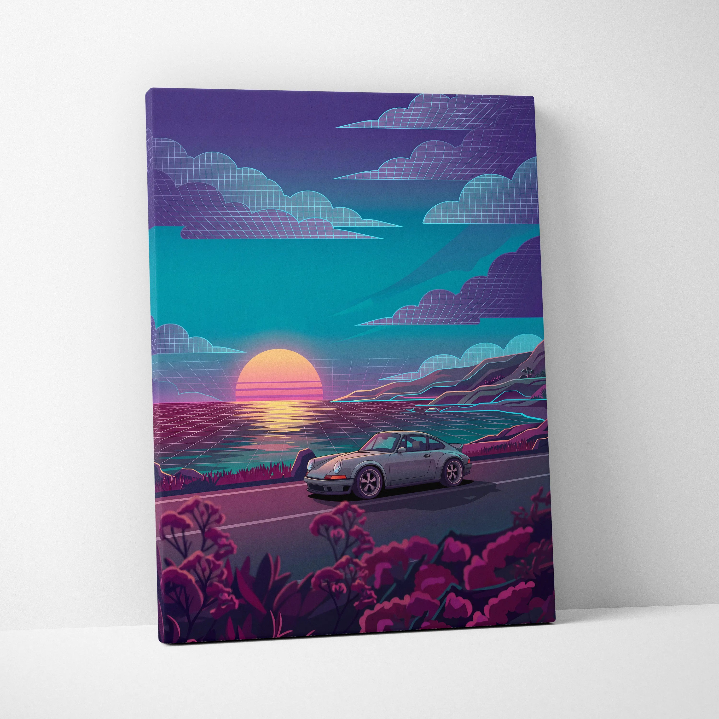 Porsche 911 Classic Inspired Silver Teal Coastal Canvas Wall Art Vaporwave Classic Car Artwork, Sunset Ocean Road Garage Decor Retro Futuristic Print