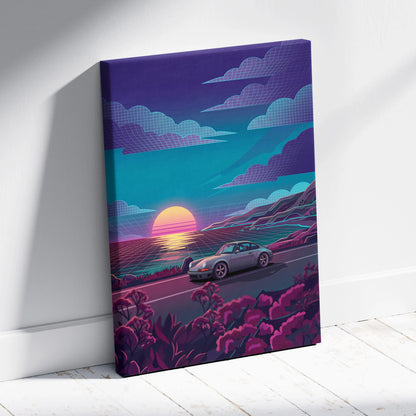 Porsche 911 Classic Inspired Silver Teal Coastal Canvas Wall Art Vaporwave Classic Car Artwork, Sunset Ocean Road Garage Decor Retro Futuristic Print
