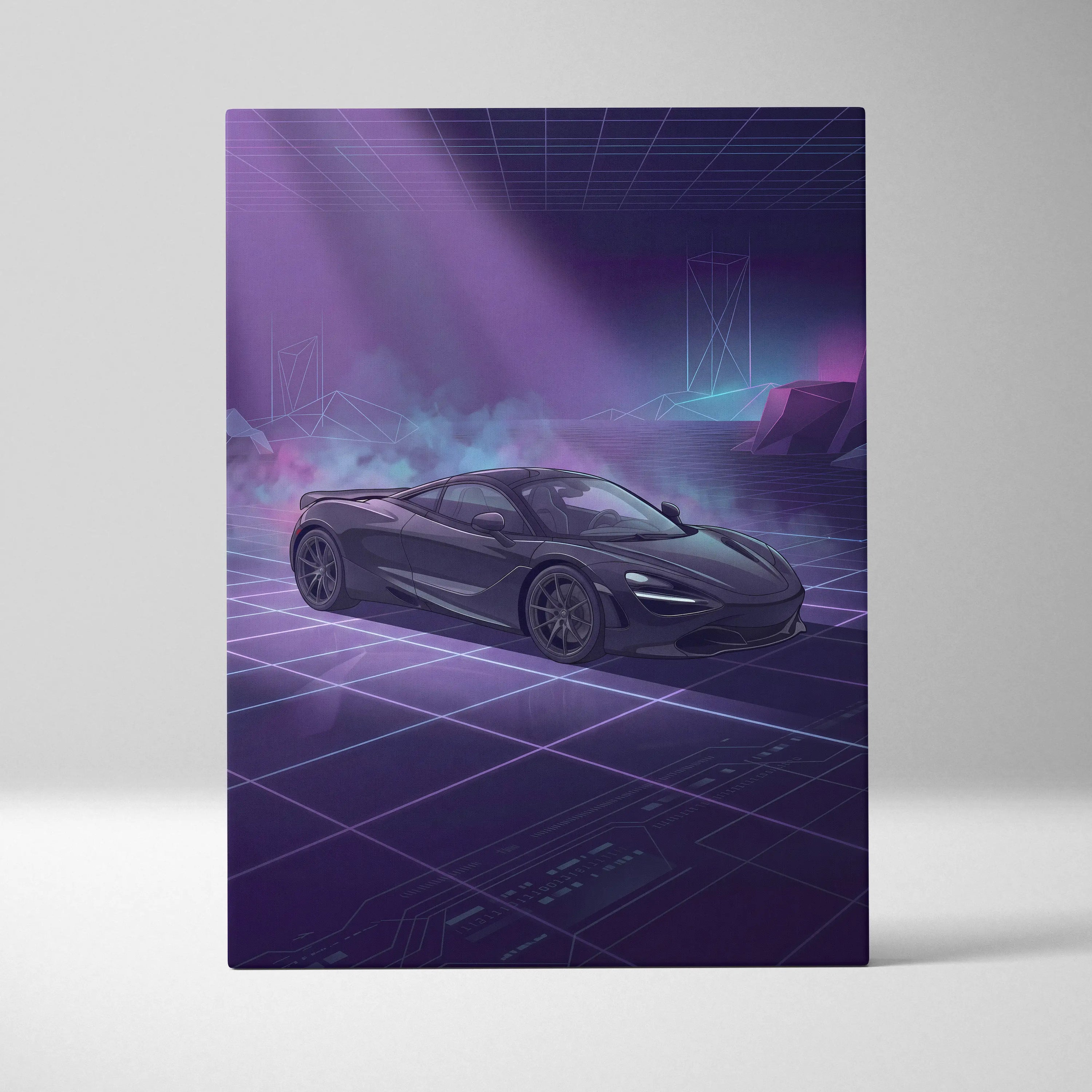 McLaren 720S Inspired Black Purple Canvas Wall Art, Vaporwave Supercar Artwork, Neon Grid Garage Decor, Retro Futuristic Exotic Print