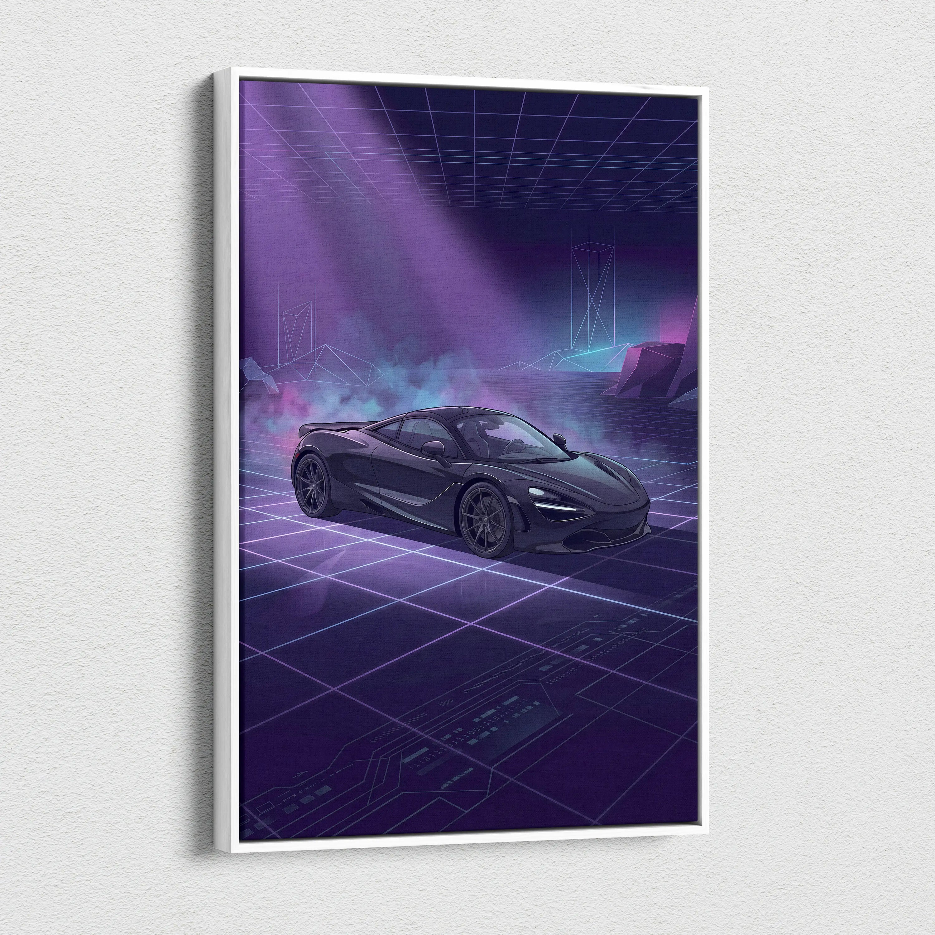 McLaren 720S Inspired Black Purple Canvas Wall Art, Vaporwave Supercar Artwork, Neon Grid Garage Decor, Retro Futuristic Exotic Print
