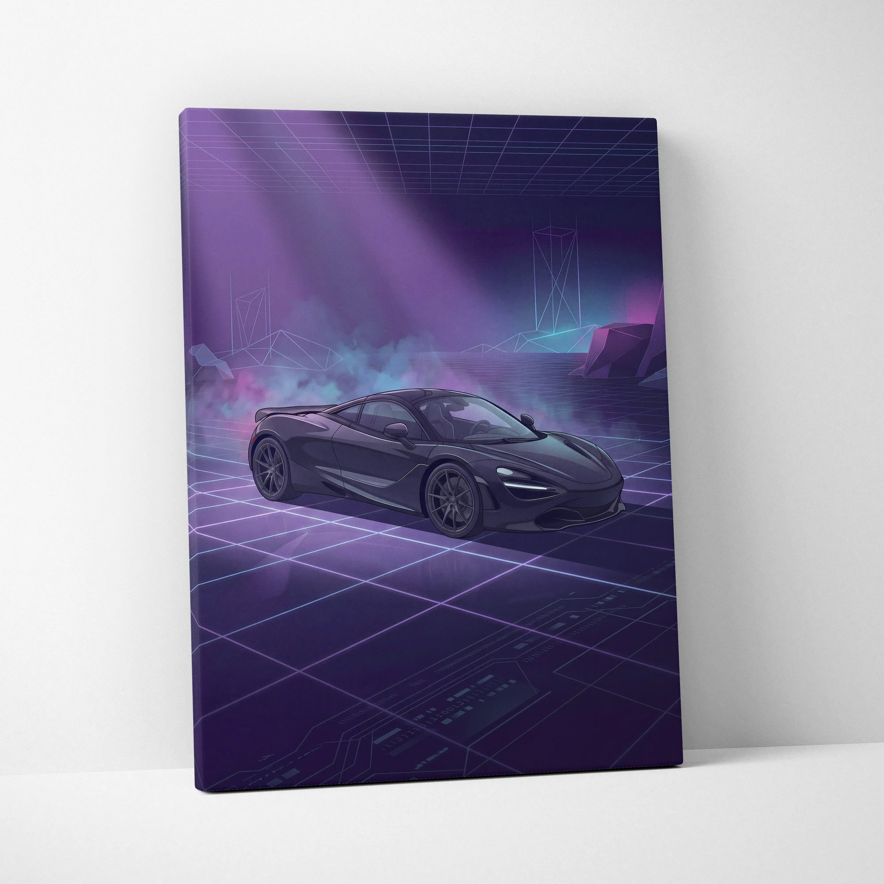 McLaren 720S Inspired Black Purple Canvas Wall Art, Vaporwave Supercar Artwork, Neon Grid Garage Decor, Retro Futuristic Exotic Print