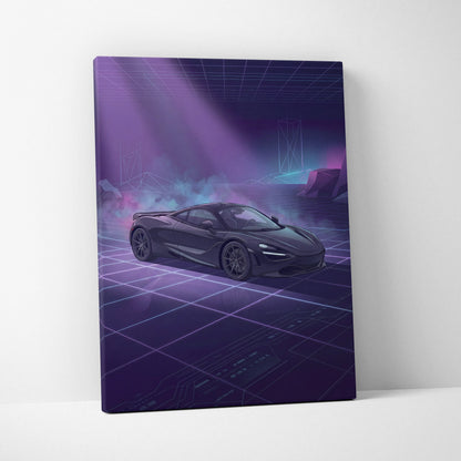 McLaren 720S Inspired Black Purple Canvas Wall Art, Vaporwave Supercar Artwork, Neon Grid Garage Decor, Retro Futuristic Exotic Print