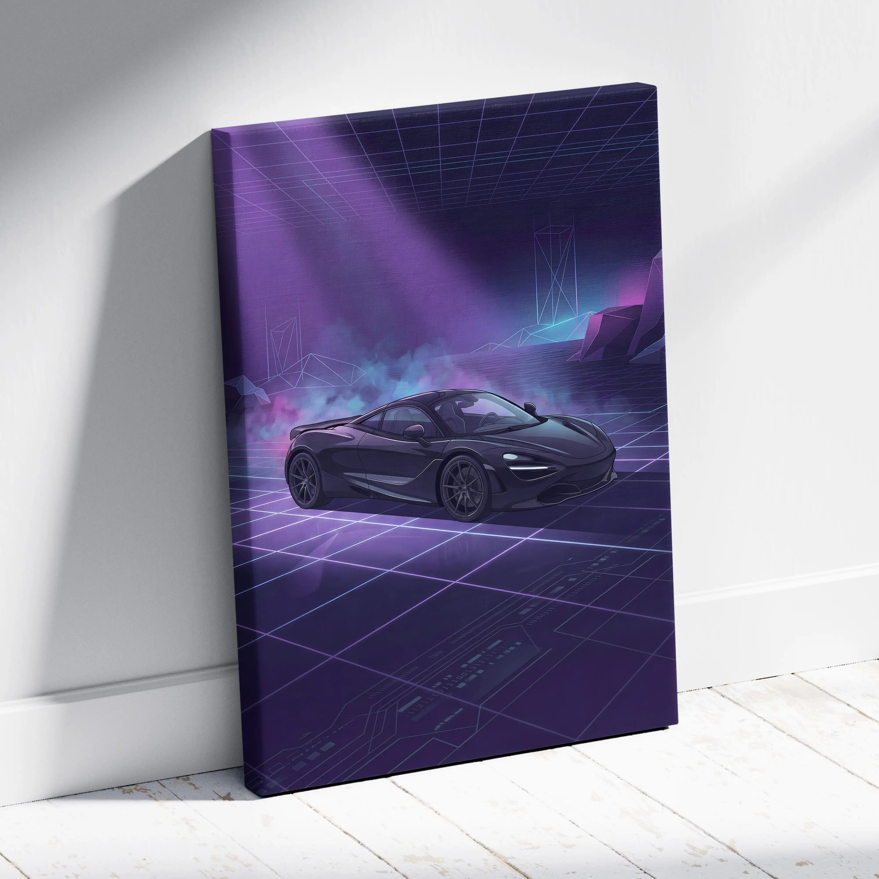 McLaren 720S Inspired Black Purple Canvas Wall Art, Vaporwave Supercar Artwork, Neon Grid Garage Decor, Retro Futuristic Exotic Print