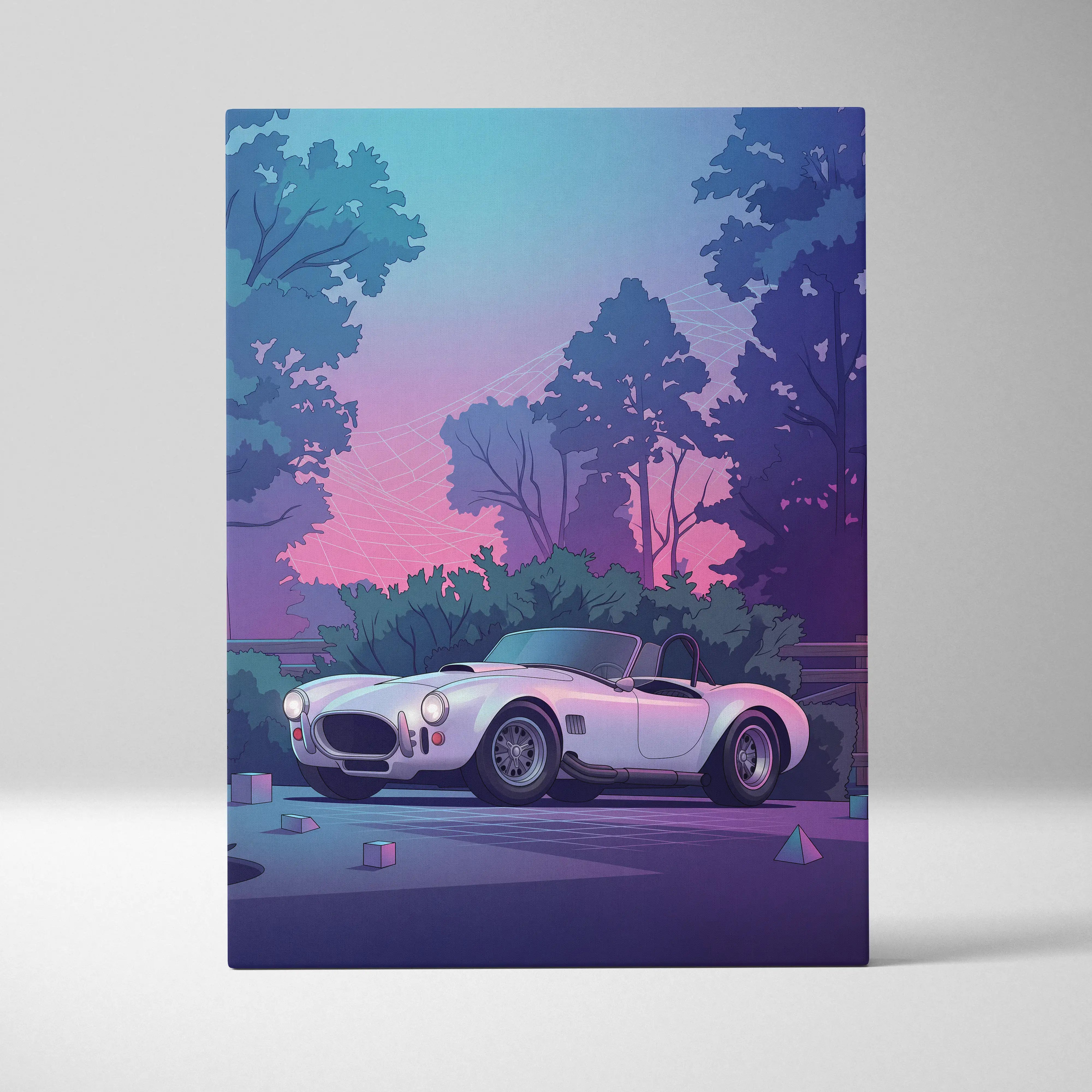 Shelby Cobra inspired white purple canvas wall art featuring a sleek white classic convertible sports car with chrome accents