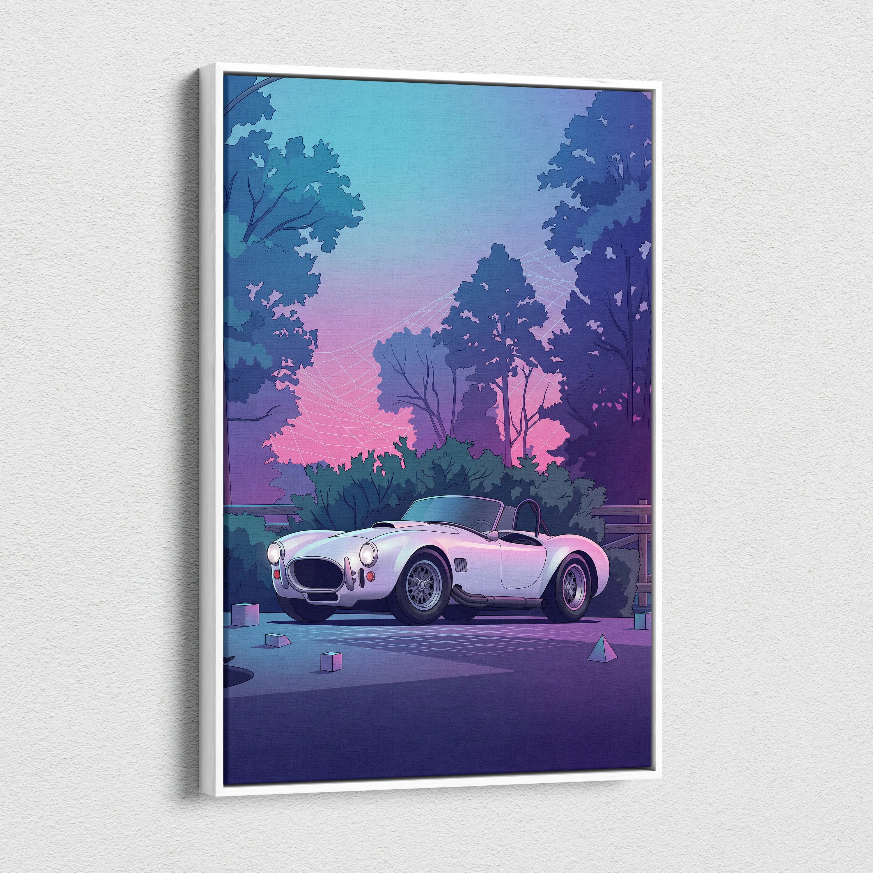 Shelby Cobra Inspired White Purple Canvas Wall Art, Vaporwave Roadster Artwork, Neon Forest Garage Decor, Retro Futuristic Classic Car Print