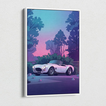Shelby Cobra Inspired White Purple Canvas Wall Art, Vaporwave Roadster Artwork, Neon Forest Garage Decor, Retro Futuristic Classic Car Print
