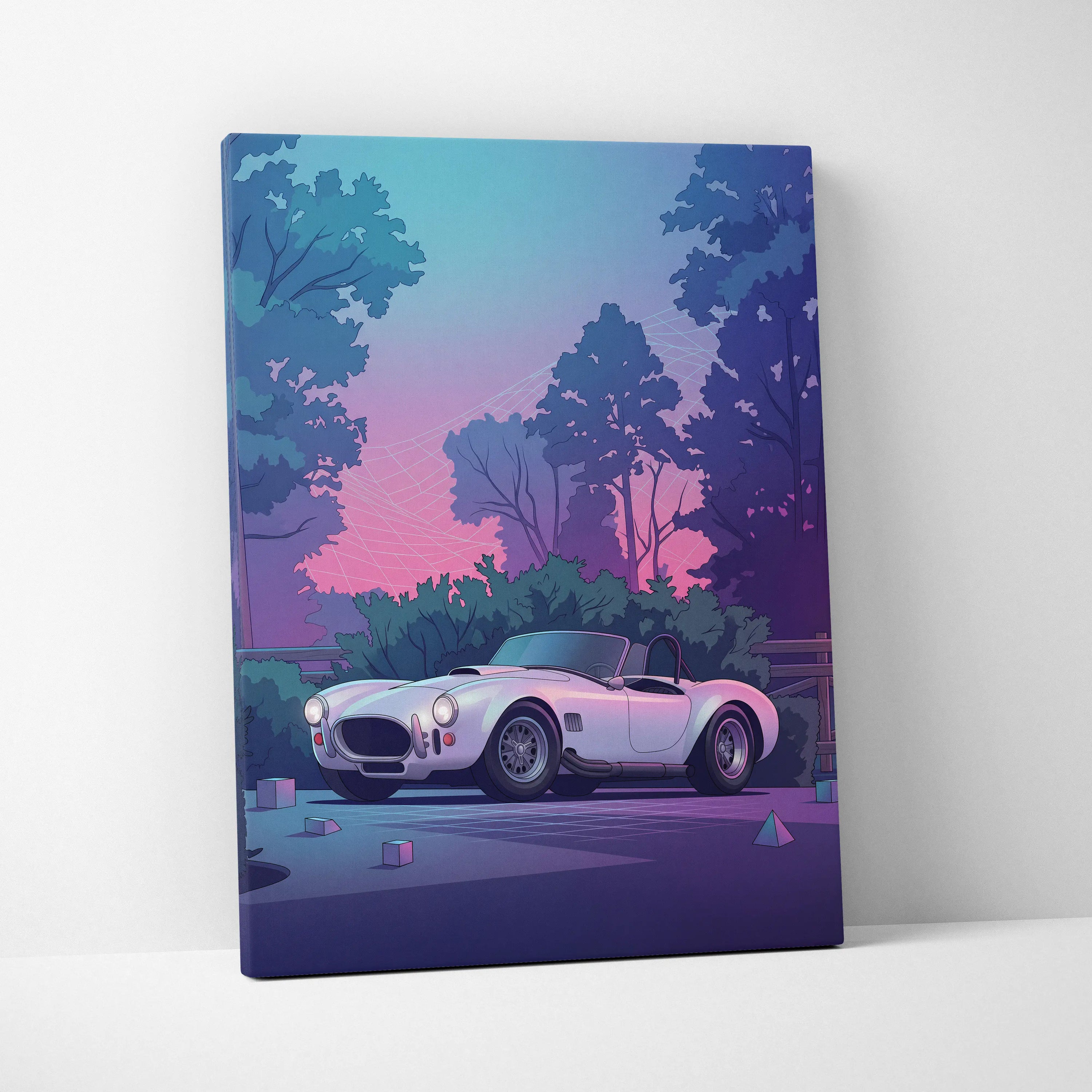Shelby Cobra Inspired White Purple Canvas Wall Art, Vaporwave Roadster Artwork, Neon Forest Garage Decor, Retro Futuristic Classic Car Print