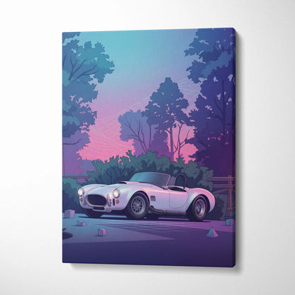 Shelby Cobra Inspired White Purple Canvas Wall Art, Vaporwave Roadster Artwork, Neon Forest Garage Decor, Retro Futuristic Classic Car Print