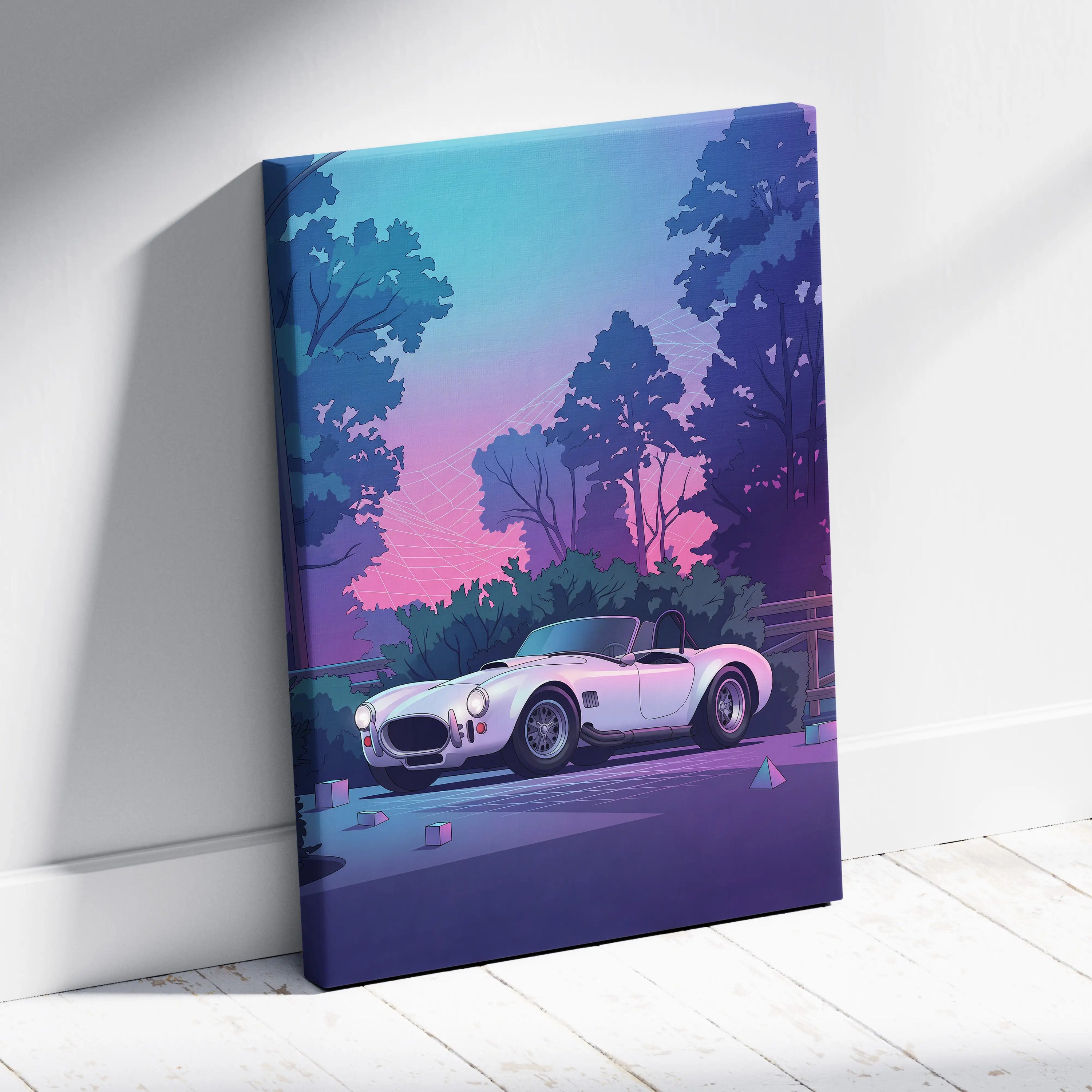 Shelby Cobra Inspired White Purple Canvas Wall Art, Vaporwave Roadster Artwork, Neon Forest Garage Decor, Retro Futuristic Classic Car Print