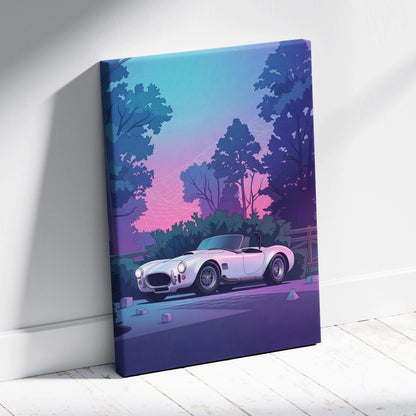 Shelby Cobra Inspired White Purple Canvas Wall Art, Vaporwave Roadster Artwork, Neon Forest Garage Decor, Retro Futuristic Classic Car Print