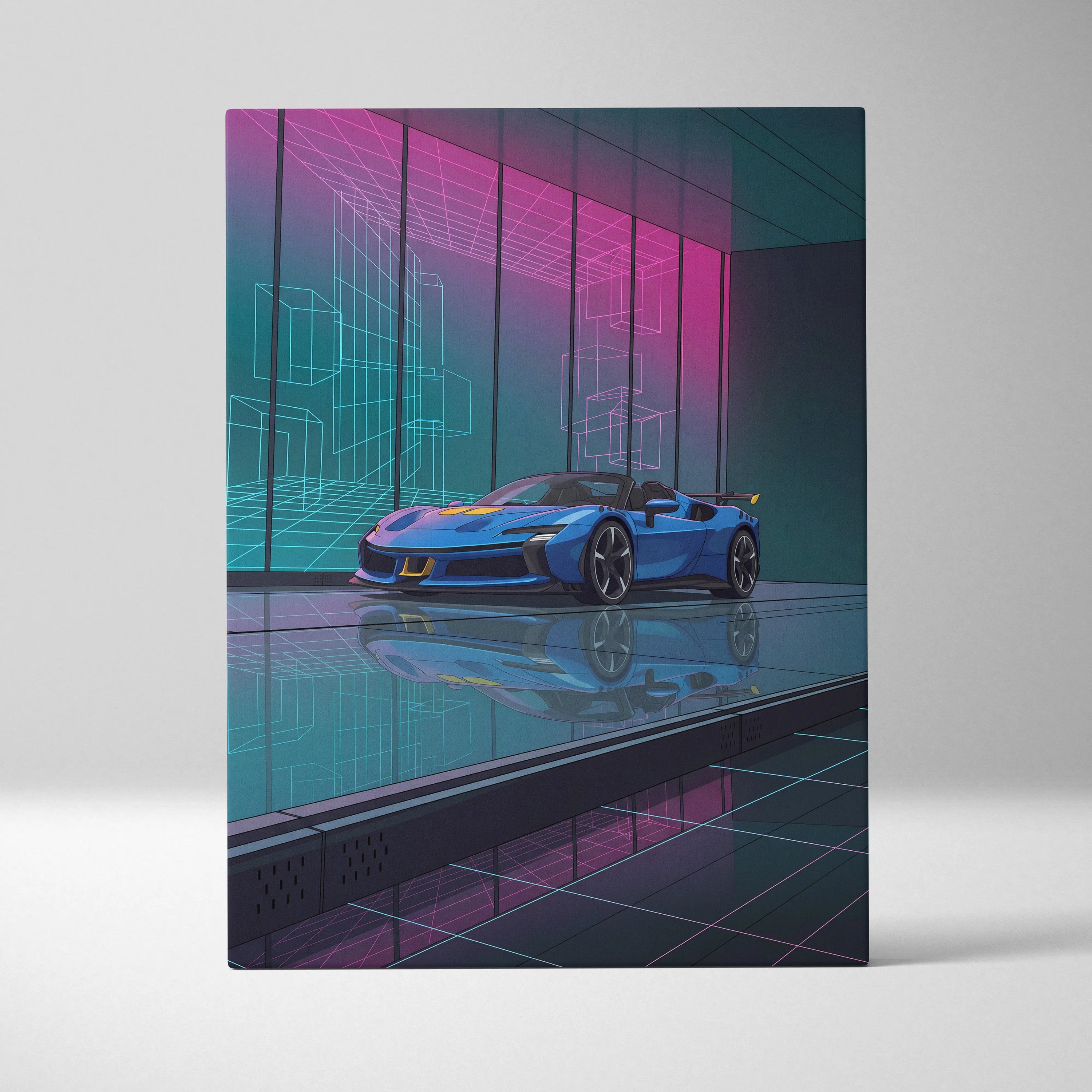 Ferrari SF90 Spider Inspired Blue Pink Canvas Wall Art, Vaporwave Supercar Artwork, Neon Grid Garage Decor, Retro Futuristic Exotic Print