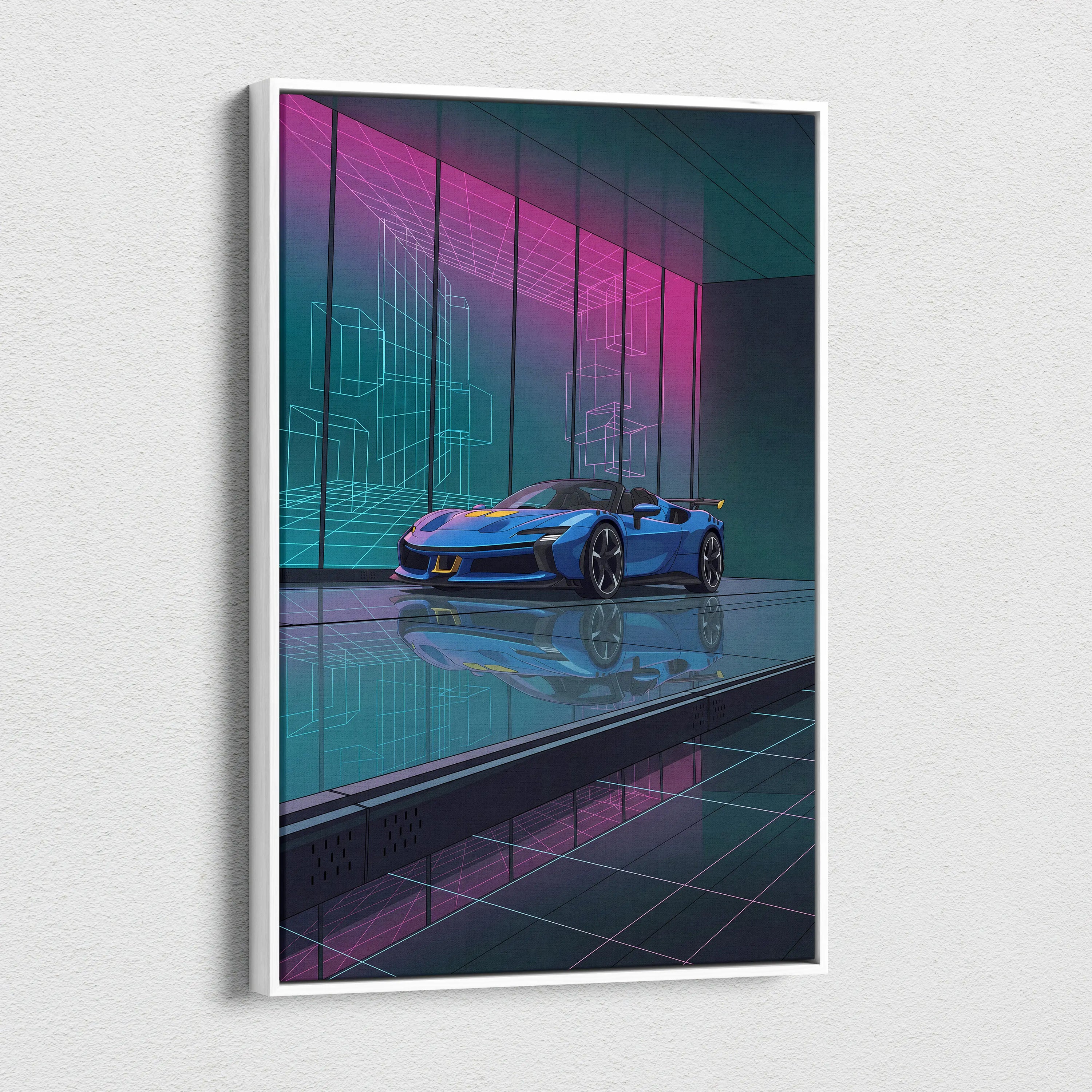 Ferrari SF90 Spider Inspired Blue Pink Canvas Wall Art, Vaporwave Supercar Artwork, Neon Grid Garage Decor, Retro Futuristic Exotic Print
