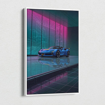 Ferrari SF90 Spider Inspired Blue Pink Canvas Wall Art, Vaporwave Supercar Artwork, Neon Grid Garage Decor, Retro Futuristic Exotic Print