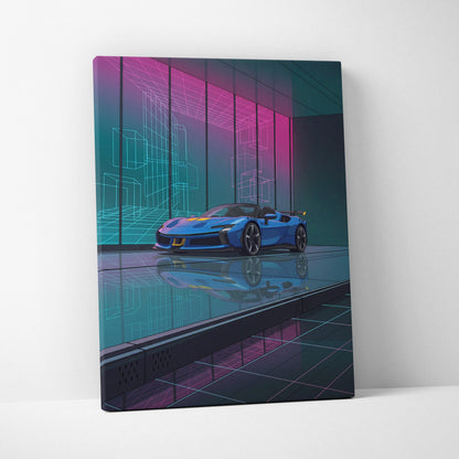 Ferrari SF90 Spider Inspired Blue Pink Canvas Wall Art, Vaporwave Supercar Artwork, Neon Grid Garage Decor, Retro Futuristic Exotic Print