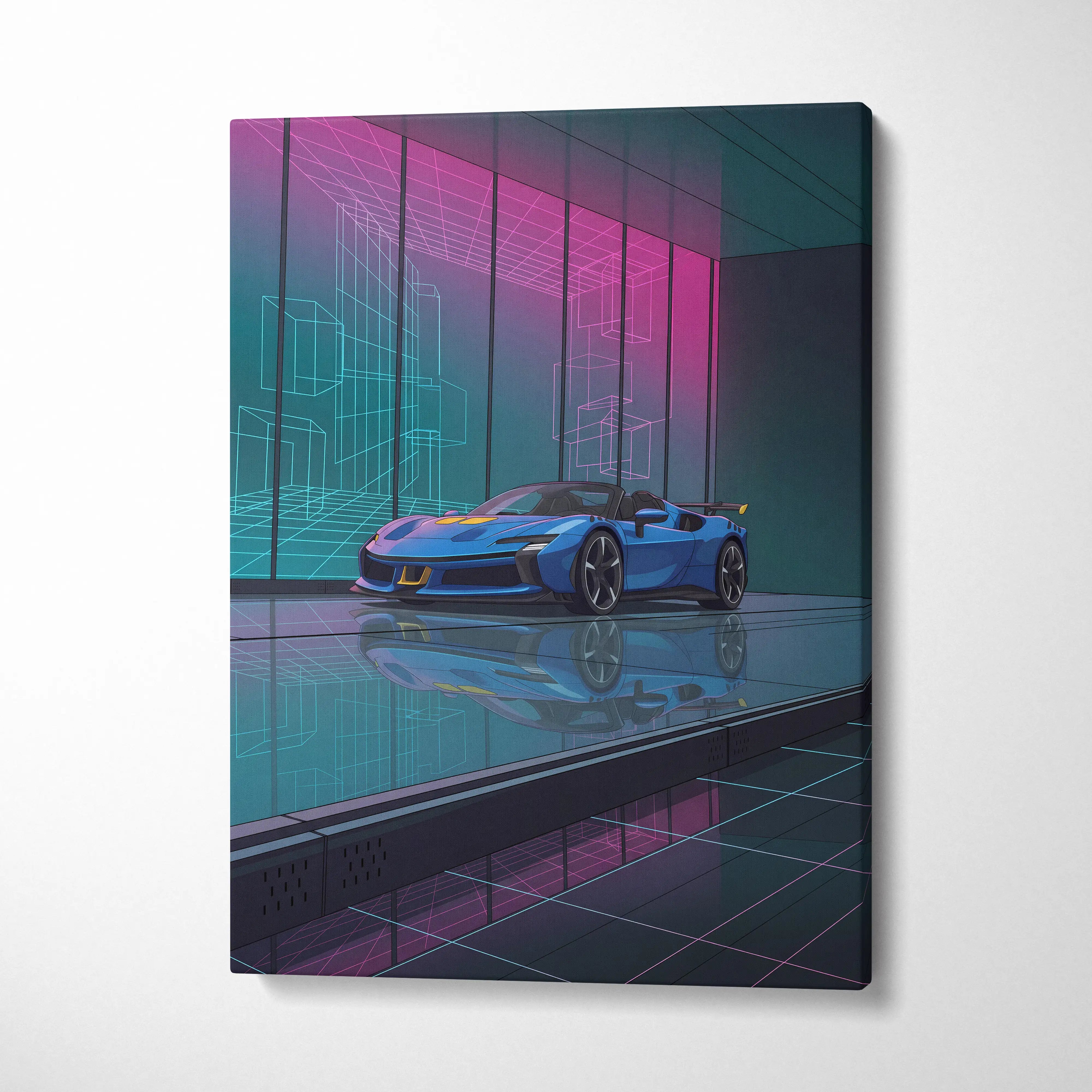 Ferrari SF90 Spider Inspired Blue Pink Canvas Wall Art, Vaporwave Supercar Artwork, Neon Grid Garage Decor, Retro Futuristic Exotic Print