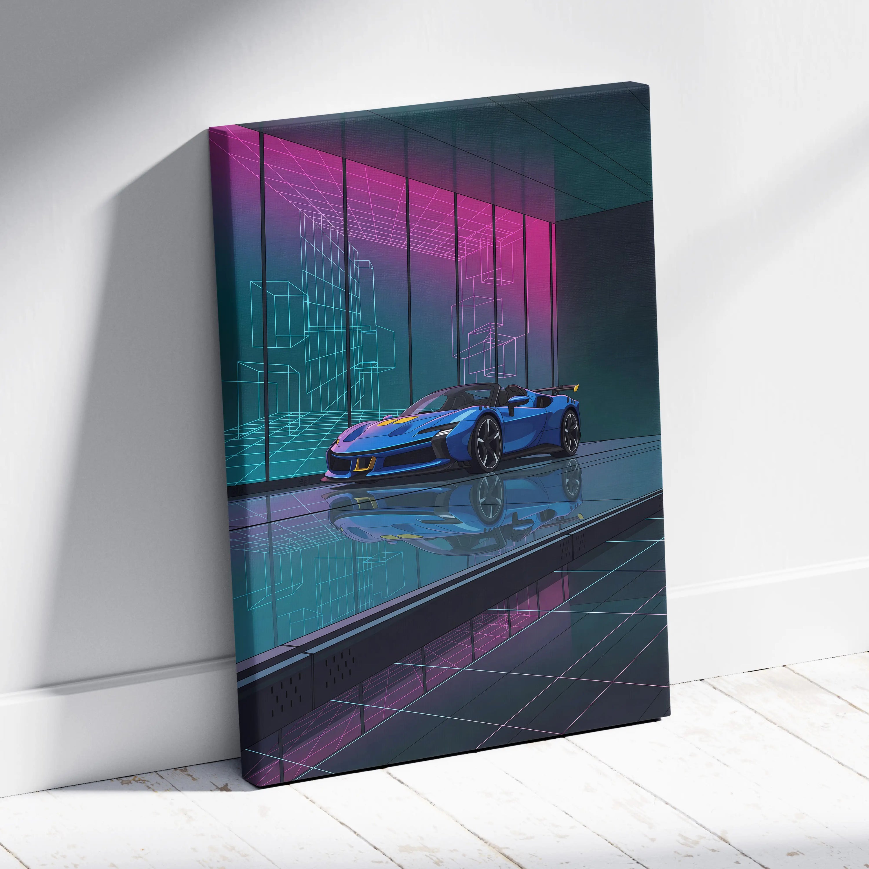 Ferrari SF90 Spider Inspired Blue Pink Canvas Wall Art, Vaporwave Supercar Artwork, Neon Grid Garage Decor, Retro Futuristic Exotic Print