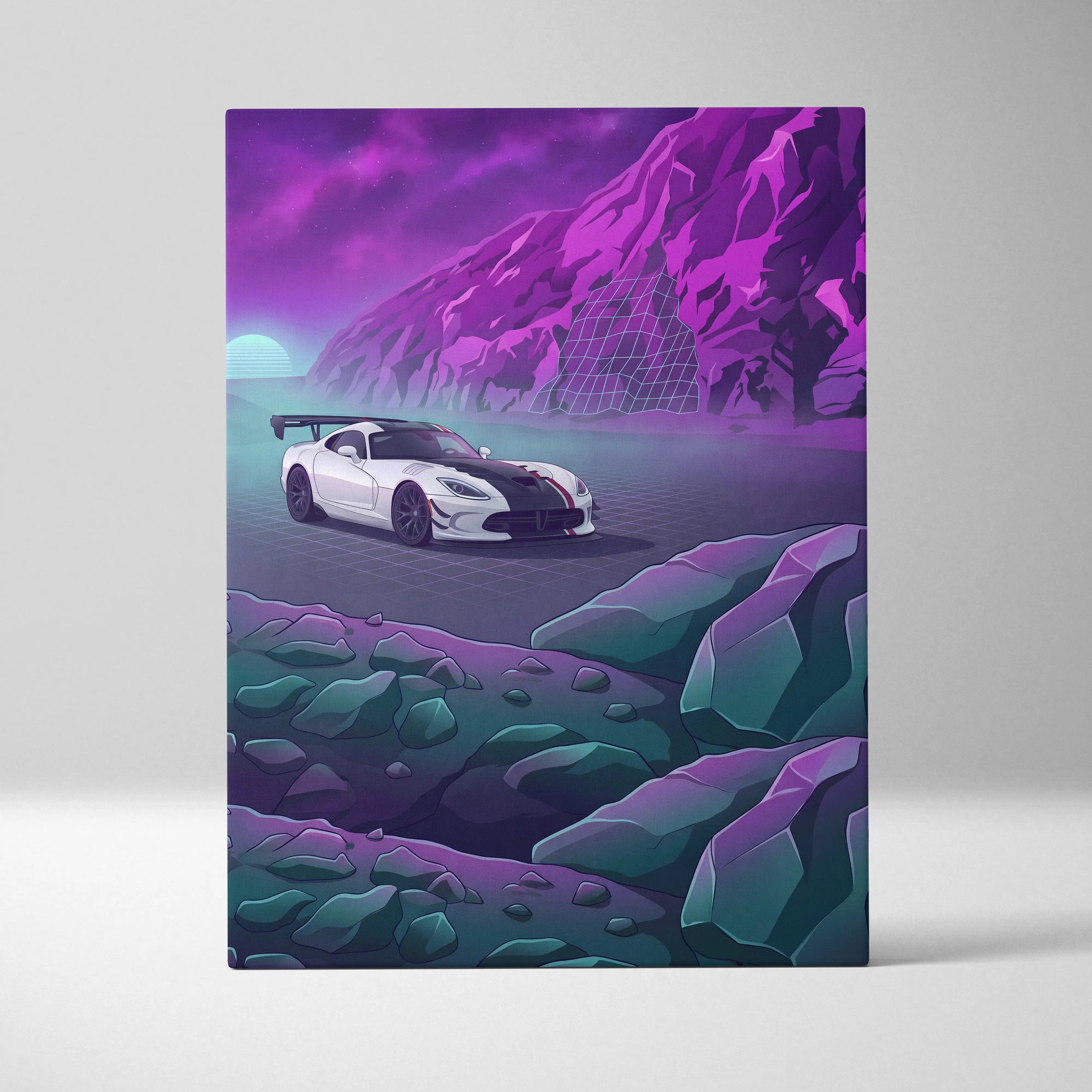 Dodge Viper ACR Inspired White Purple Canvas Wall Art, Vaporwave Track Car Artwork, Neon Mountain Garage Decor, Retro Futuristic Motorsport Print
