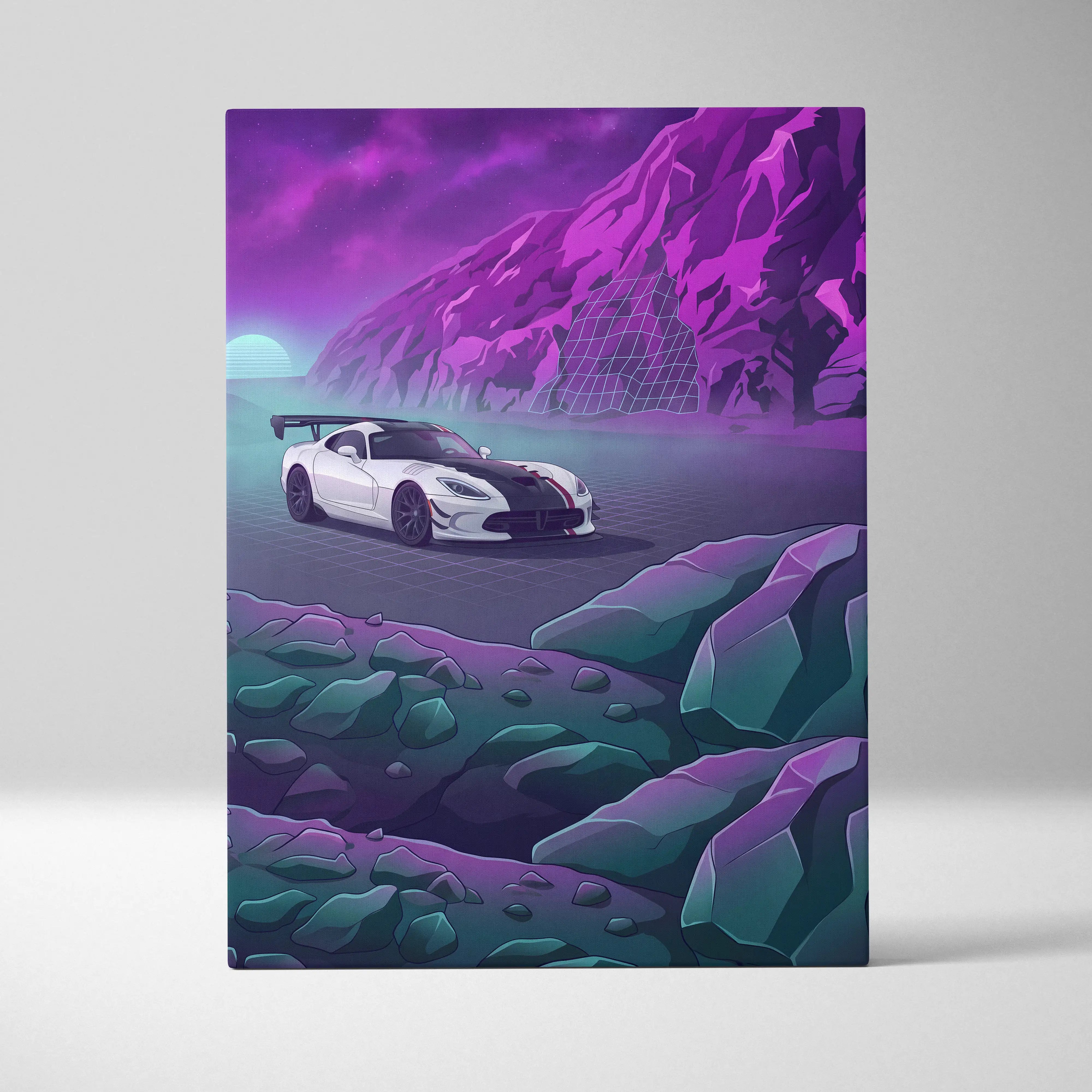 Dodge viper acr inspired white and black sports car with aerodynamic design and rear spoiler on purple canvas wall art