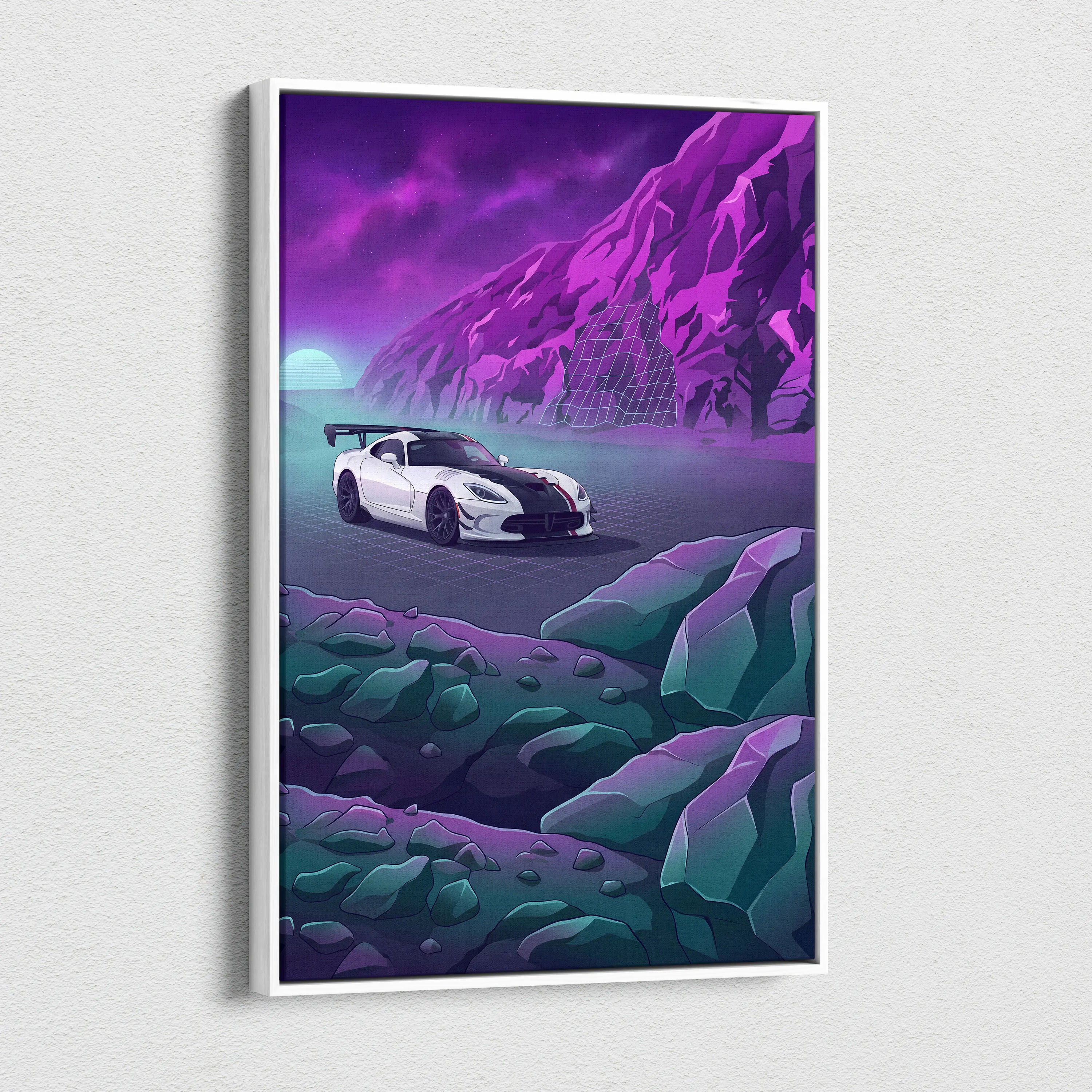 Dodge Viper ACR Inspired White Purple Canvas Wall Art, Vaporwave Track Car Artwork, Neon Mountain Garage Decor, Retro Futuristic Motorsport Print