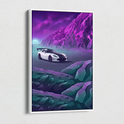 Dodge Viper ACR Inspired White Purple Canvas Wall Art, Vaporwave Track Car Artwork, Neon Mountain Garage Decor, Retro Futuristic Motorsport Print