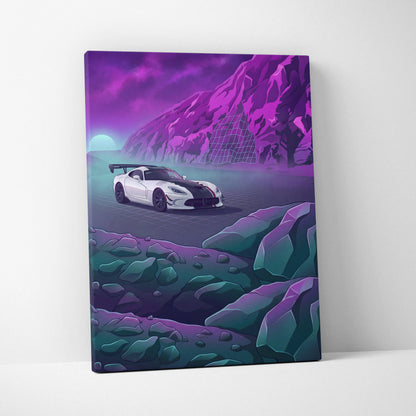 Dodge Viper ACR Inspired White Purple Canvas Wall Art, Vaporwave Track Car Artwork, Neon Mountain Garage Decor, Retro Futuristic Motorsport Print