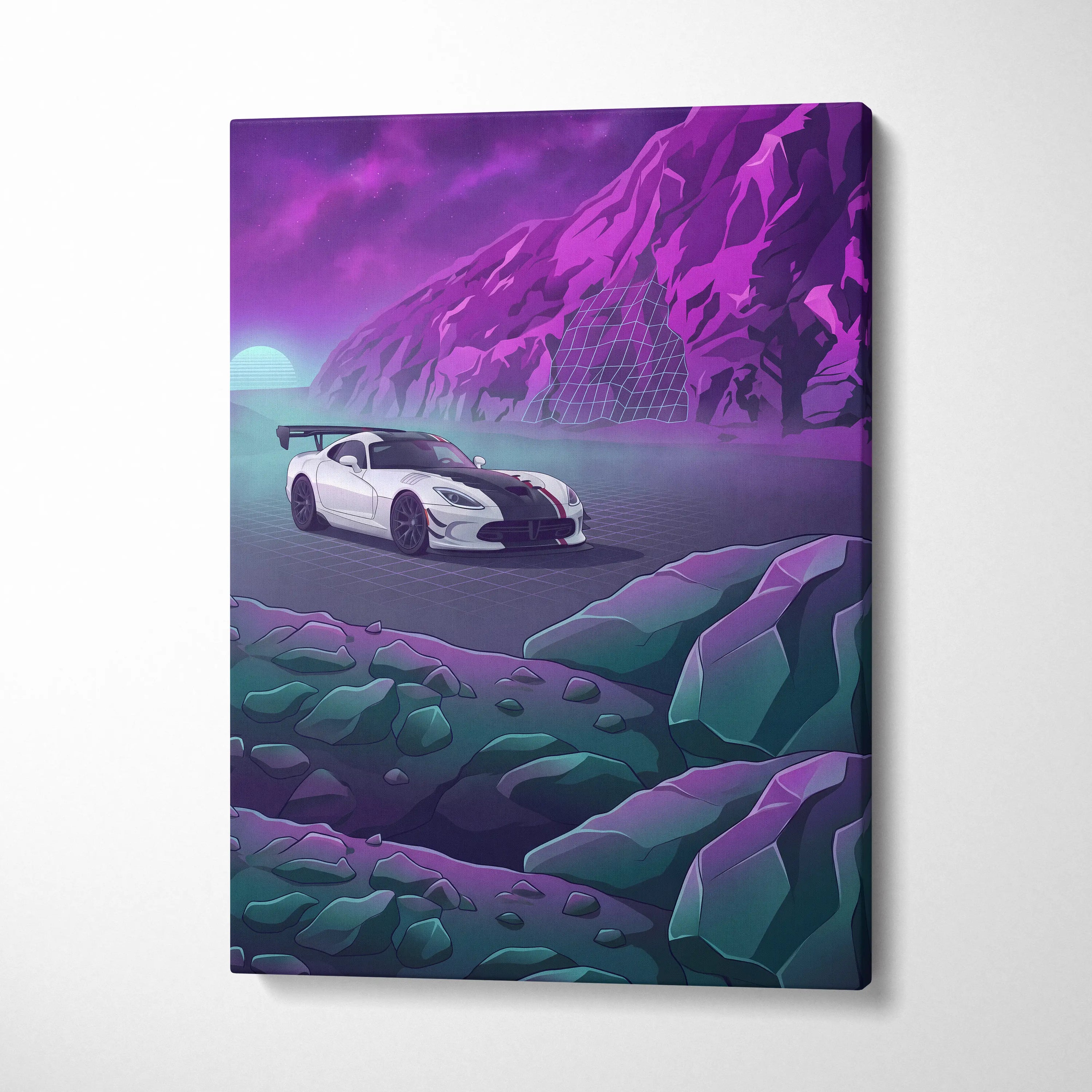 Dodge Viper ACR Inspired White Purple Canvas Wall Art, Vaporwave Track Car Artwork, Neon Mountain Garage Decor, Retro Futuristic Motorsport Print