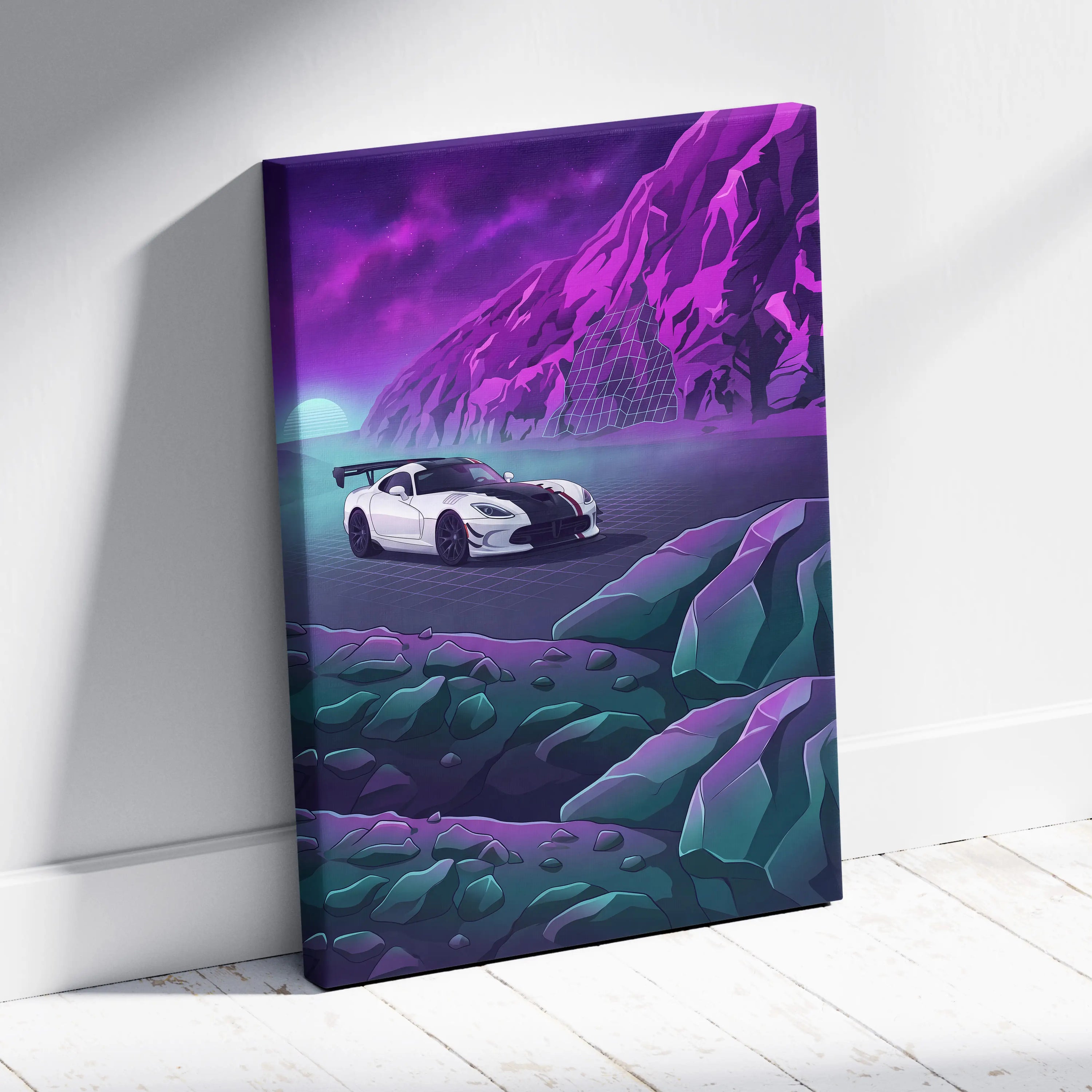 Dodge Viper ACR Inspired White Purple Canvas Wall Art, Vaporwave Track Car Artwork, Neon Mountain Garage Decor, Retro Futuristic Motorsport Print