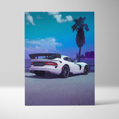 Dodge Viper ACR Inspired White Blue Canvas Wall Art, Vaporwave Track Car Artwork, Neon Palm Garage Decor, Retro Futuristic Motorsport Print