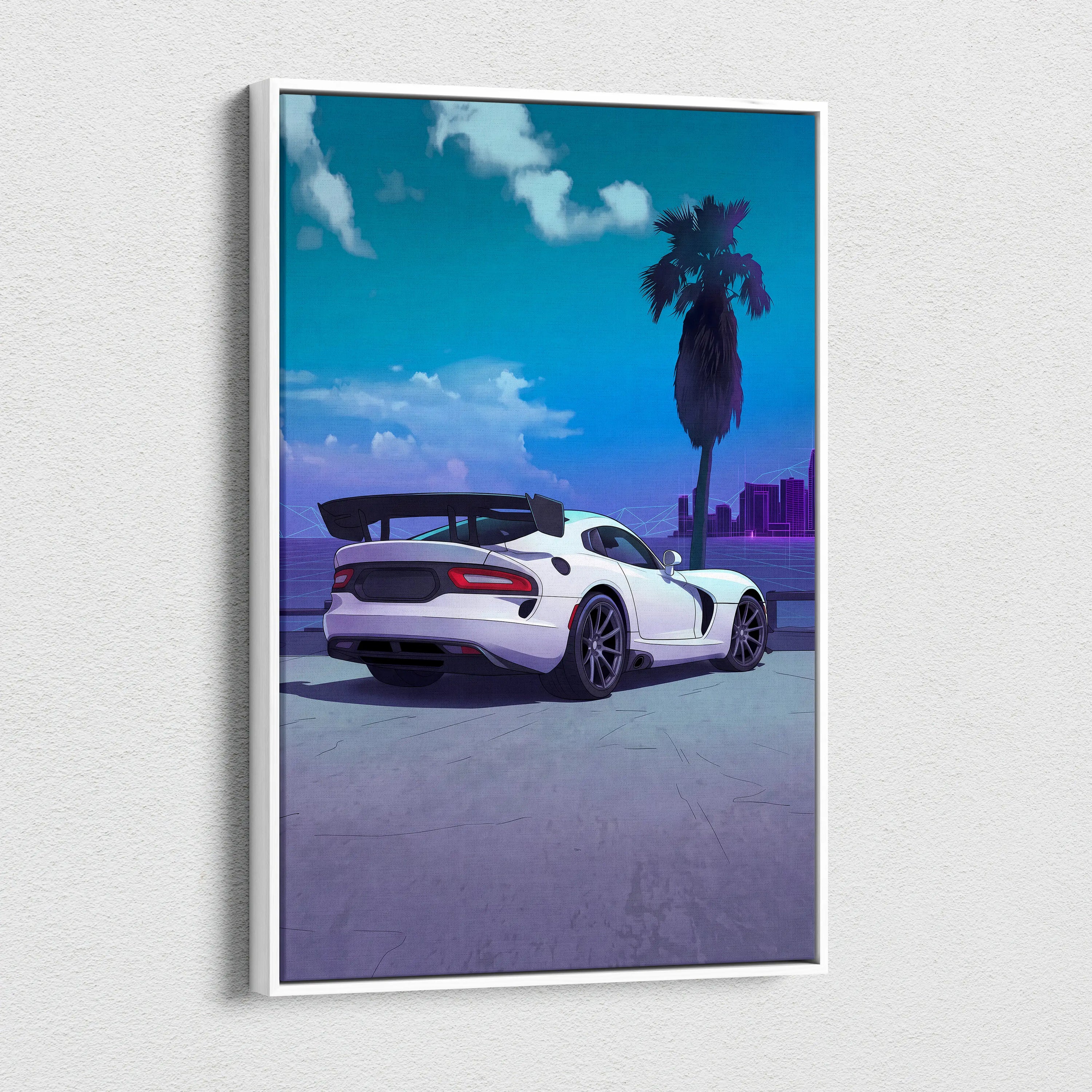 Dodge Viper ACR Inspired White Blue Canvas Wall Art, Vaporwave Track Car Artwork, Neon Palm Garage Decor, Retro Futuristic Motorsport Print