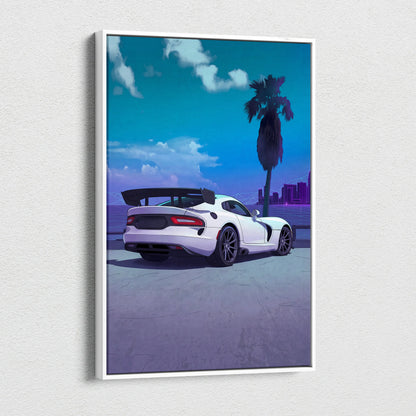 Dodge Viper ACR Inspired White Blue Canvas Wall Art, Vaporwave Track Car Artwork, Neon Palm Garage Decor, Retro Futuristic Motorsport Print