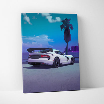 Dodge Viper ACR Inspired White Blue Canvas Wall Art, Vaporwave Track Car Artwork, Neon Palm Garage Decor, Retro Futuristic Motorsport Print