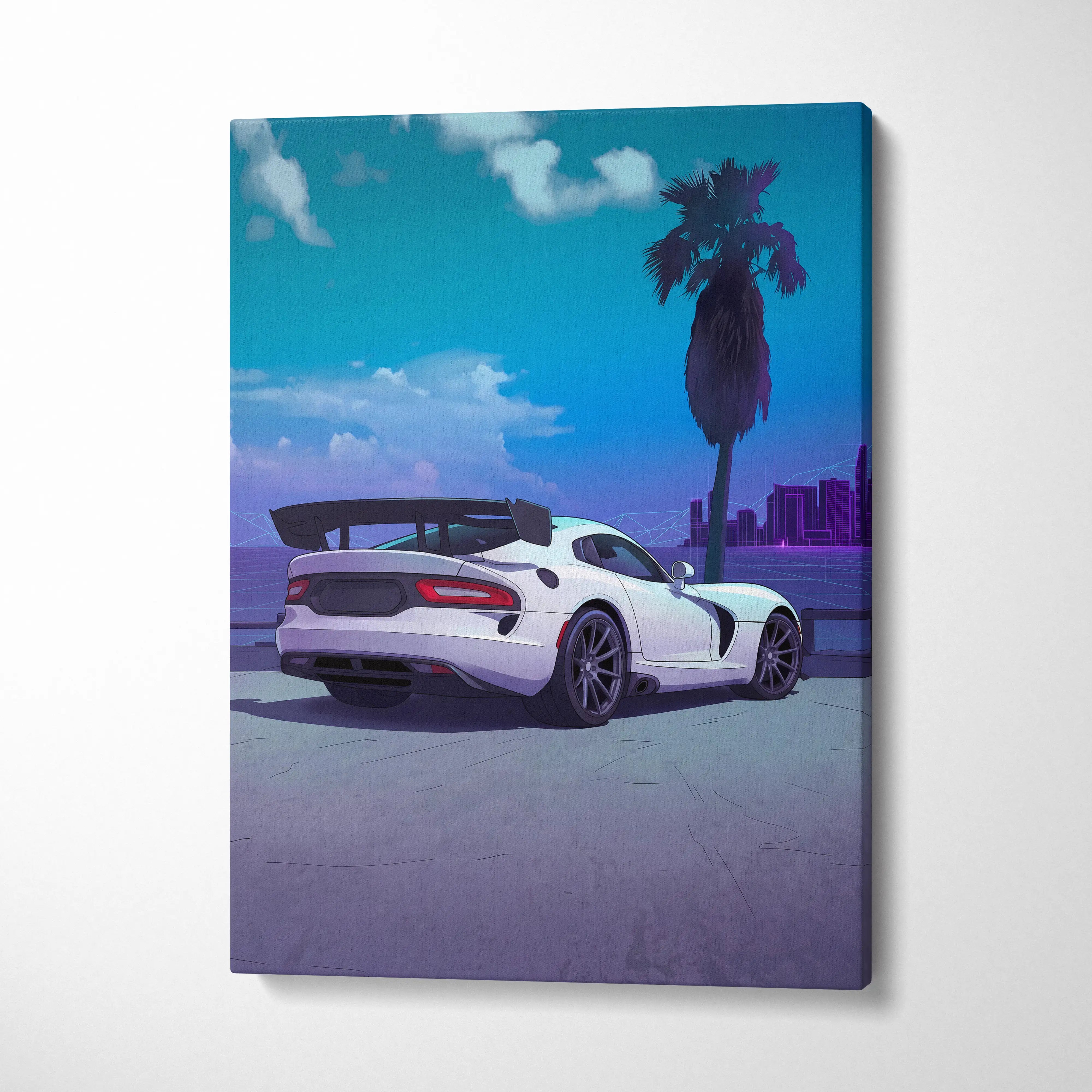 Dodge Viper ACR Inspired White Blue Canvas Wall Art, Vaporwave Track Car Artwork, Neon Palm Garage Decor, Retro Futuristic Motorsport Print