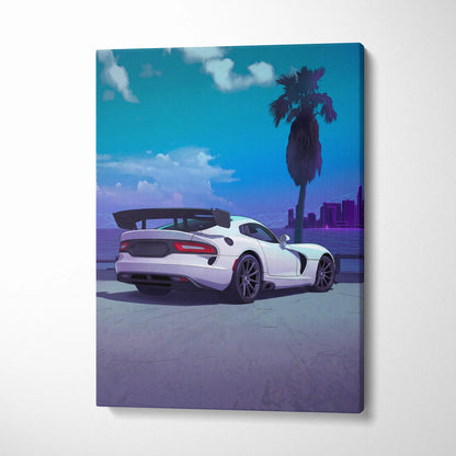 Dodge Viper ACR Inspired White Blue Canvas Wall Art, Vaporwave Track Car Artwork, Neon Palm Garage Decor, Retro Futuristic Motorsport Print