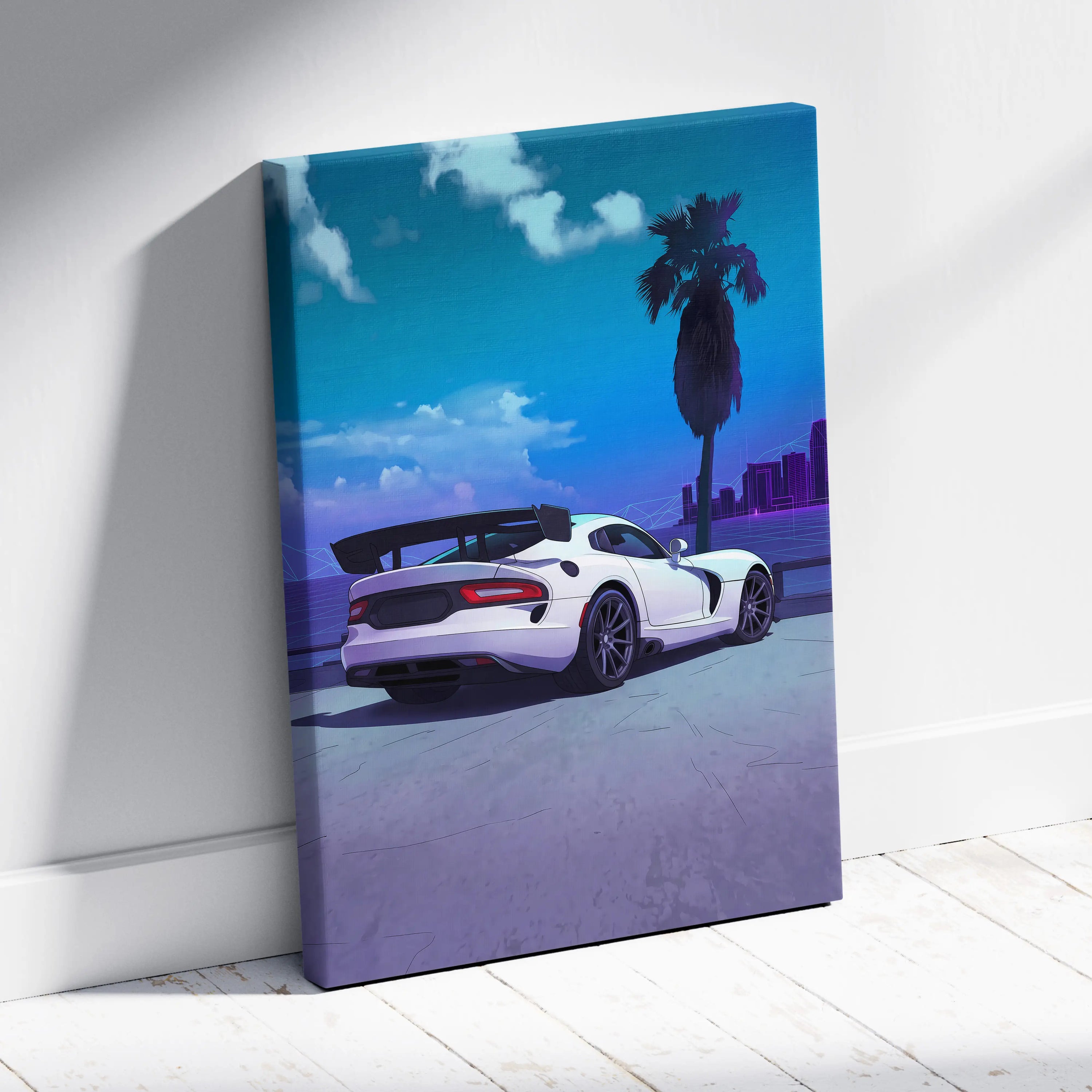 Dodge Viper ACR Inspired White Blue Canvas Wall Art, Vaporwave Track Car Artwork, Neon Palm Garage Decor, Retro Futuristic Motorsport Print