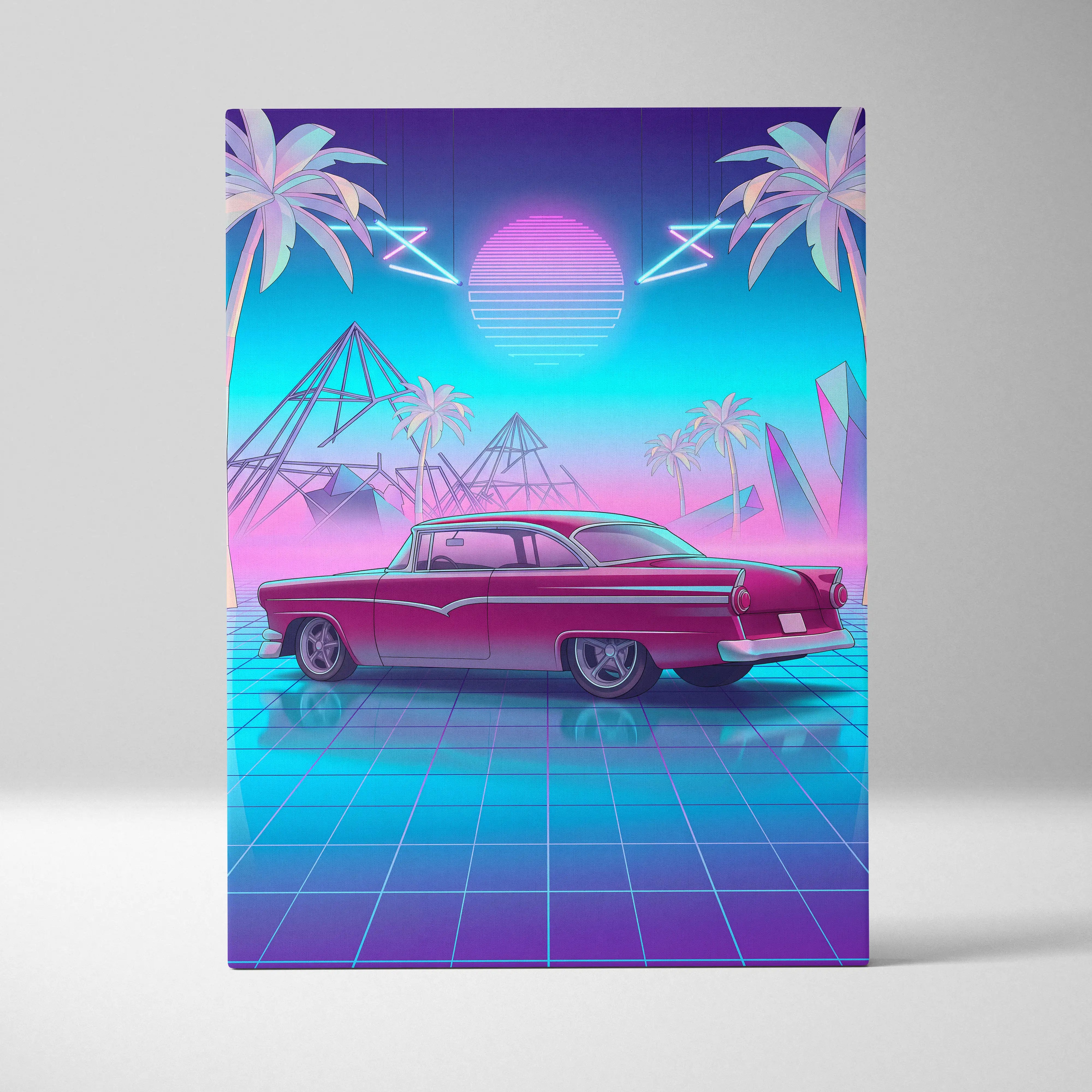 Ford fairlane inspired red teal canvas wall art featuring a vibrant pink retro car in a neon cyberpunk setting
