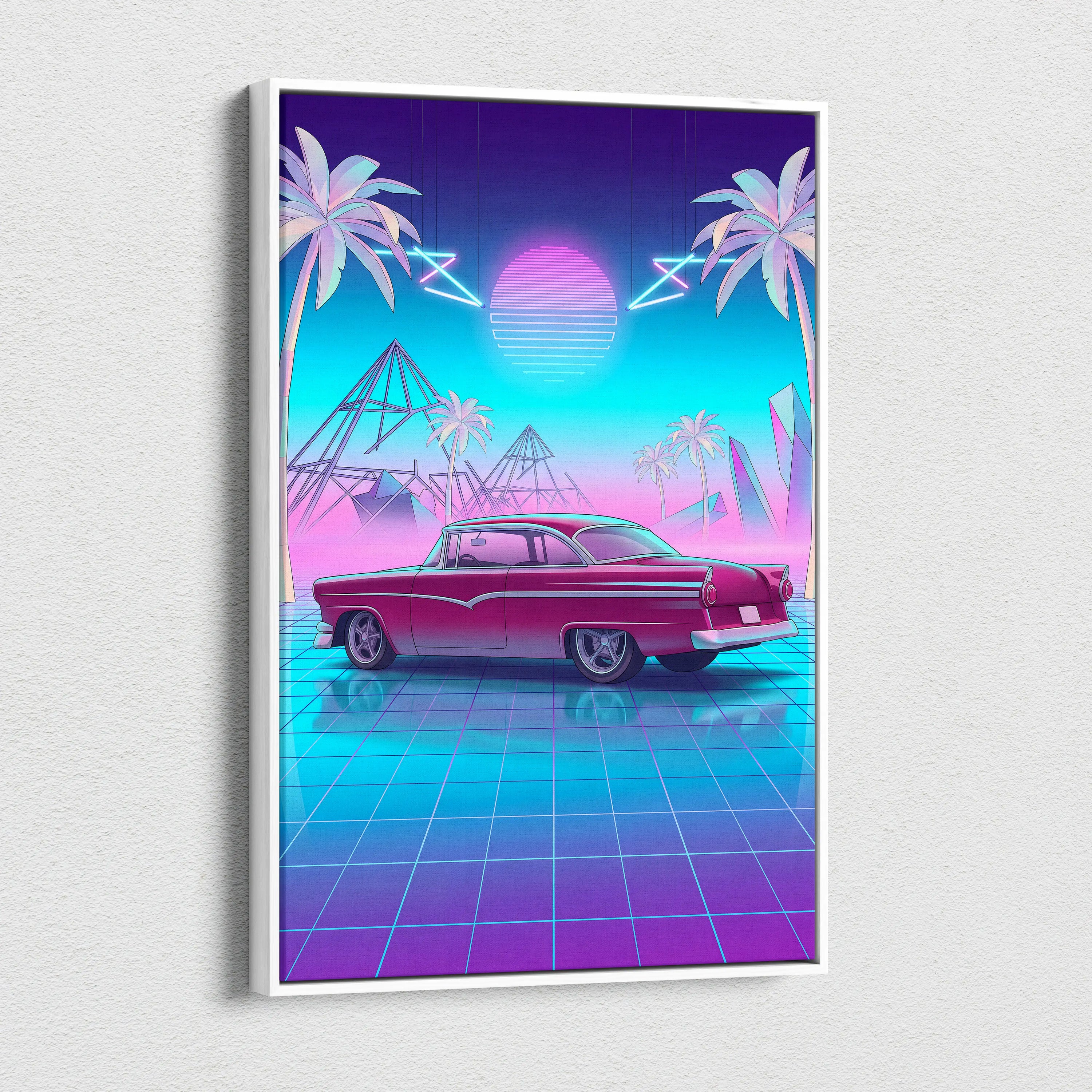 Ford Fairlane Inspired Red Teal Canvas Wall Art, Vaporwave Classic Car Artwork, Neon Palm Garage Decor, Retro Futuristic Americana Print