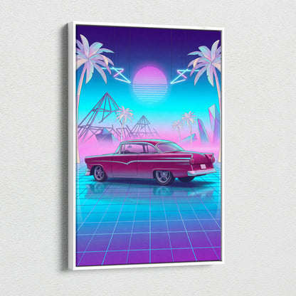 Ford Fairlane Inspired Red Teal Canvas Wall Art, Vaporwave Classic Car Artwork, Neon Palm Garage Decor, Retro Futuristic Americana Print