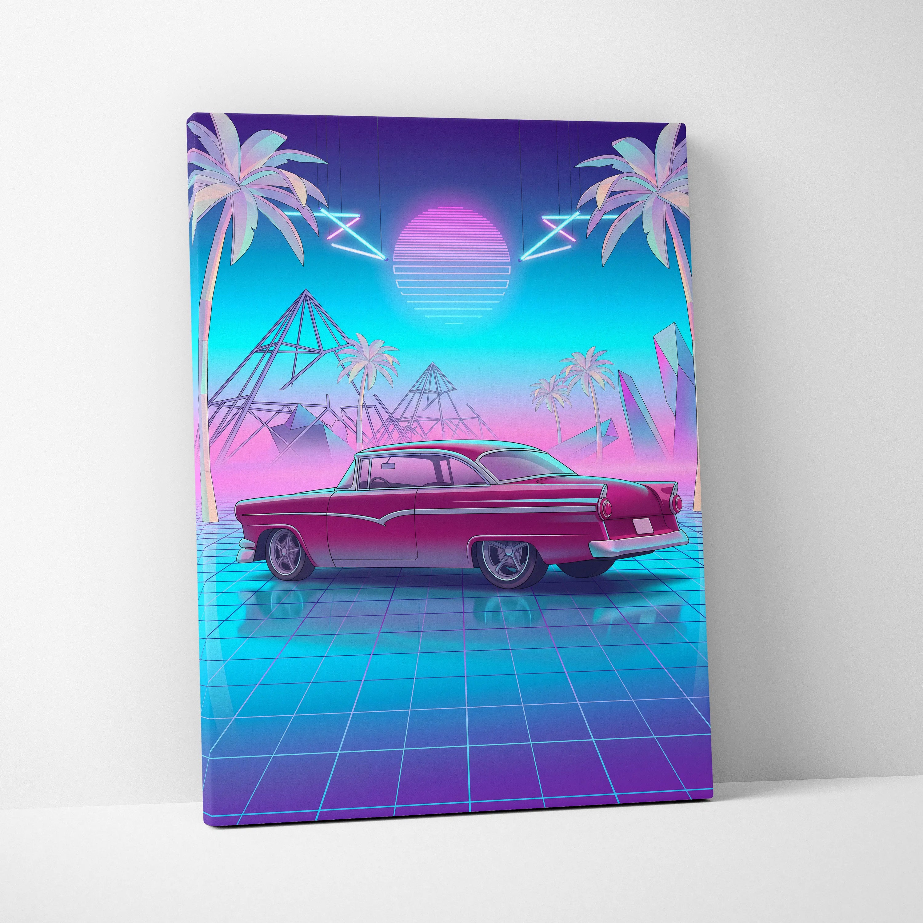 Ford Fairlane Inspired Red Teal Canvas Wall Art, Vaporwave Classic Car Artwork, Neon Palm Garage Decor, Retro Futuristic Americana Print