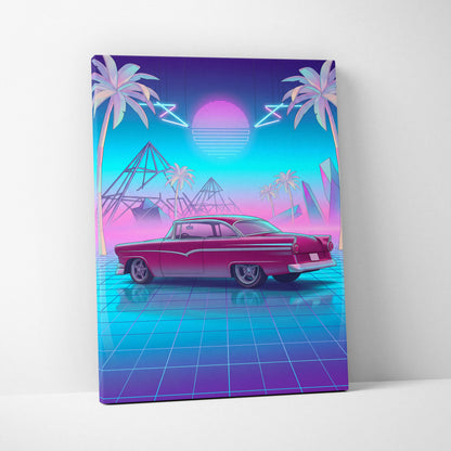 Ford Fairlane Inspired Red Teal Canvas Wall Art, Vaporwave Classic Car Artwork, Neon Palm Garage Decor, Retro Futuristic Americana Print