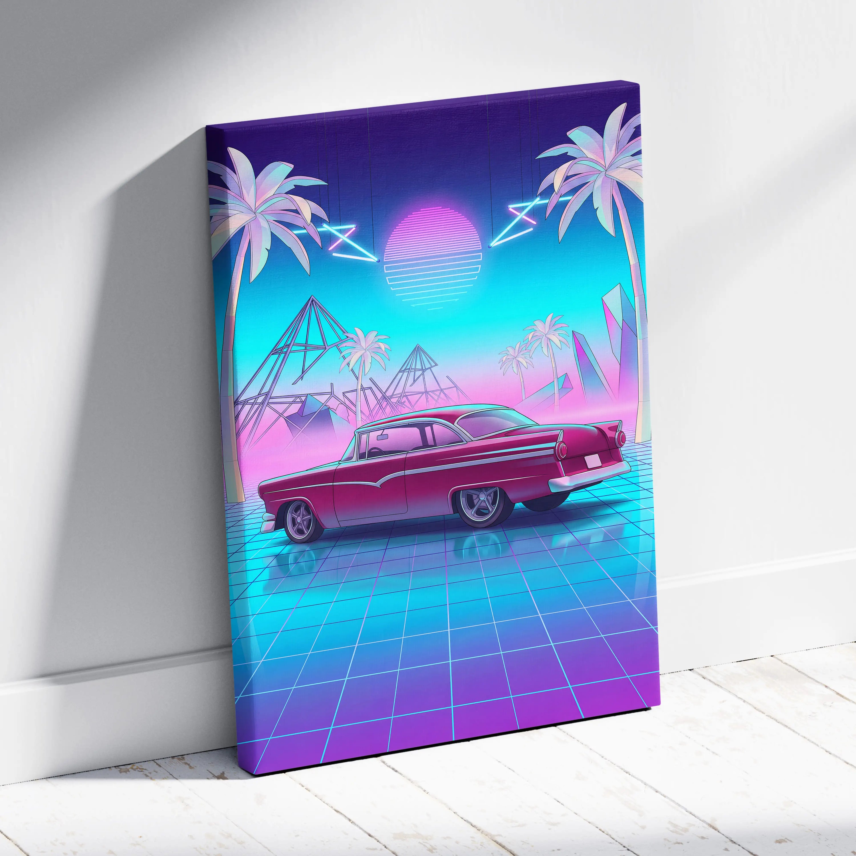 Ford Fairlane Inspired Red Teal Canvas Wall Art, Vaporwave Classic Car Artwork, Neon Palm Garage Decor, Retro Futuristic Americana Print