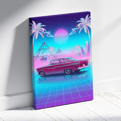 Ford Fairlane Inspired Red Teal Canvas Wall Art, Vaporwave Classic Car Artwork, Neon Palm Garage Decor, Retro Futuristic Americana Print