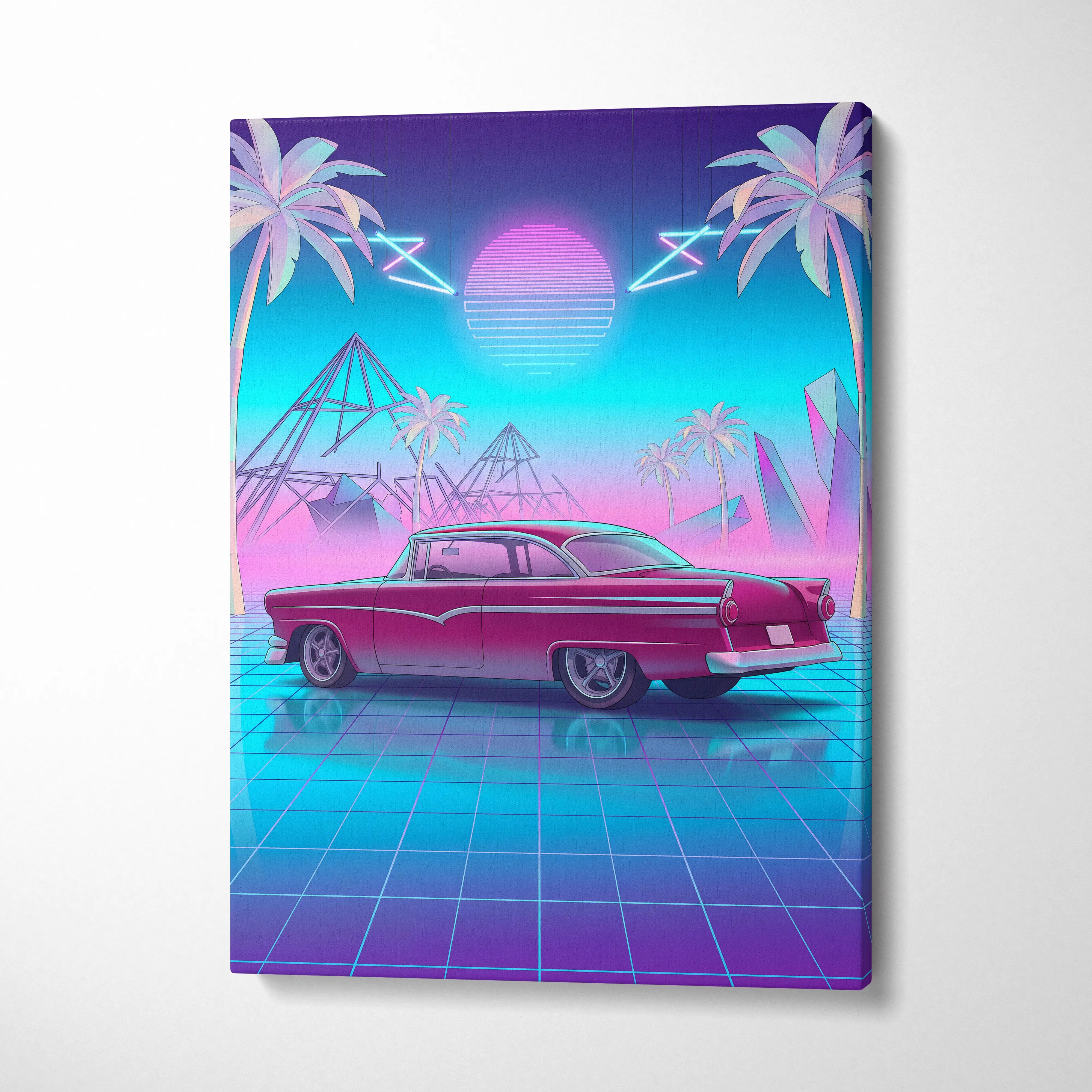 Ford Fairlane Inspired Red Teal Canvas Wall Art, Vaporwave Classic Car Artwork, Neon Palm Garage Decor, Retro Futuristic Americana Print