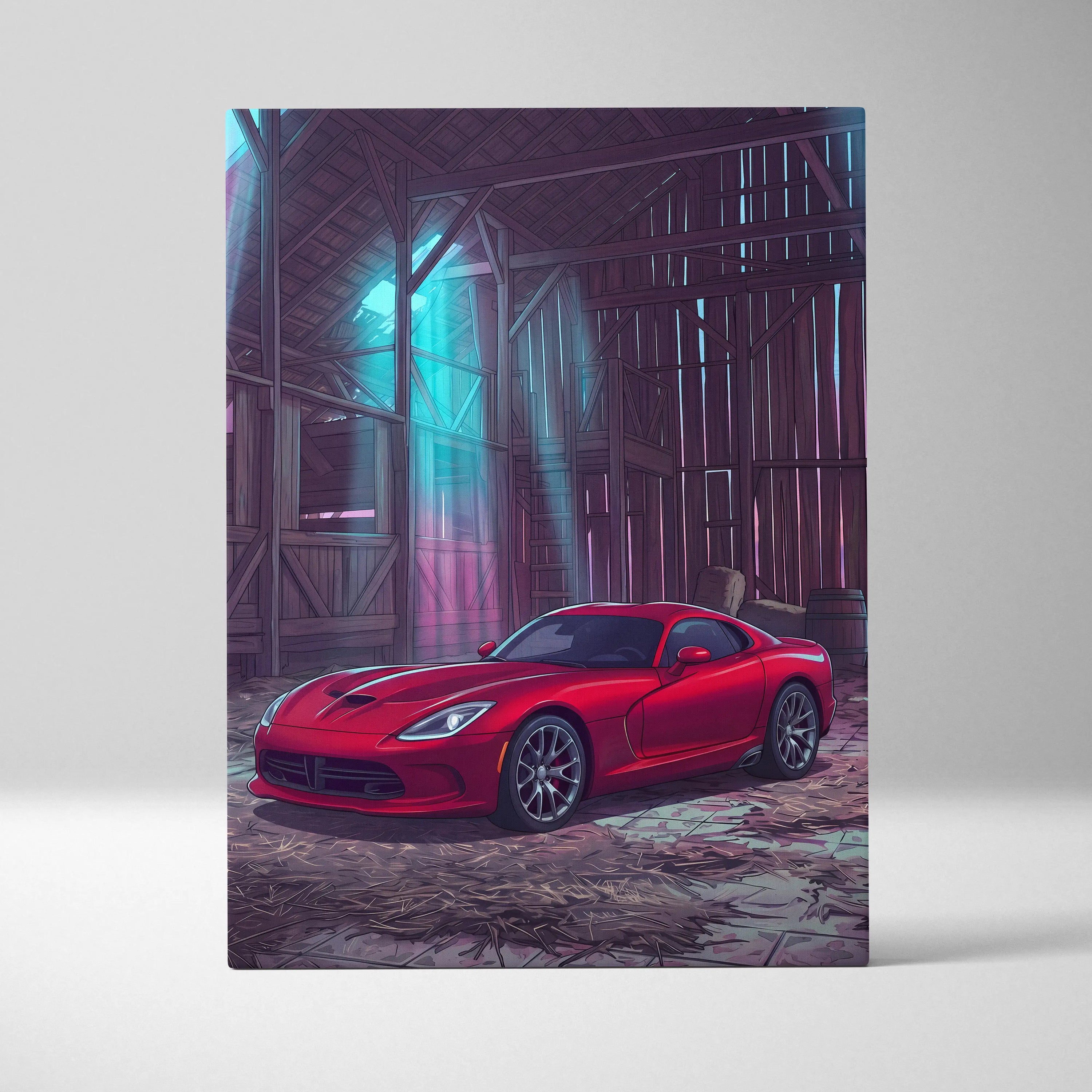Dodge Viper Inspired Red Teal Canvas Wall Art, Vaporwave Sports Car Artwork, Neon Barn Garage Decor, Retro Futuristic Muscle Car Print