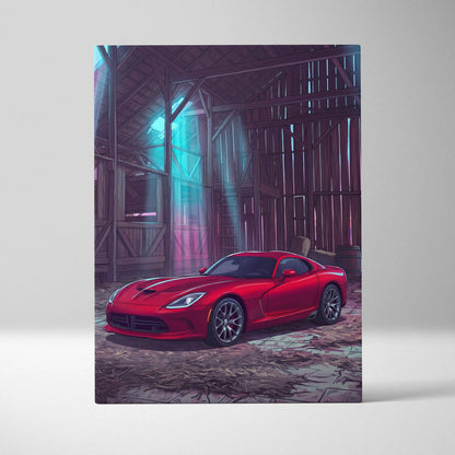 Dodge Viper Inspired Red Teal Canvas Wall Art, Vaporwave Sports Car Artwork, Neon Barn Garage Decor, Retro Futuristic Muscle Car Print