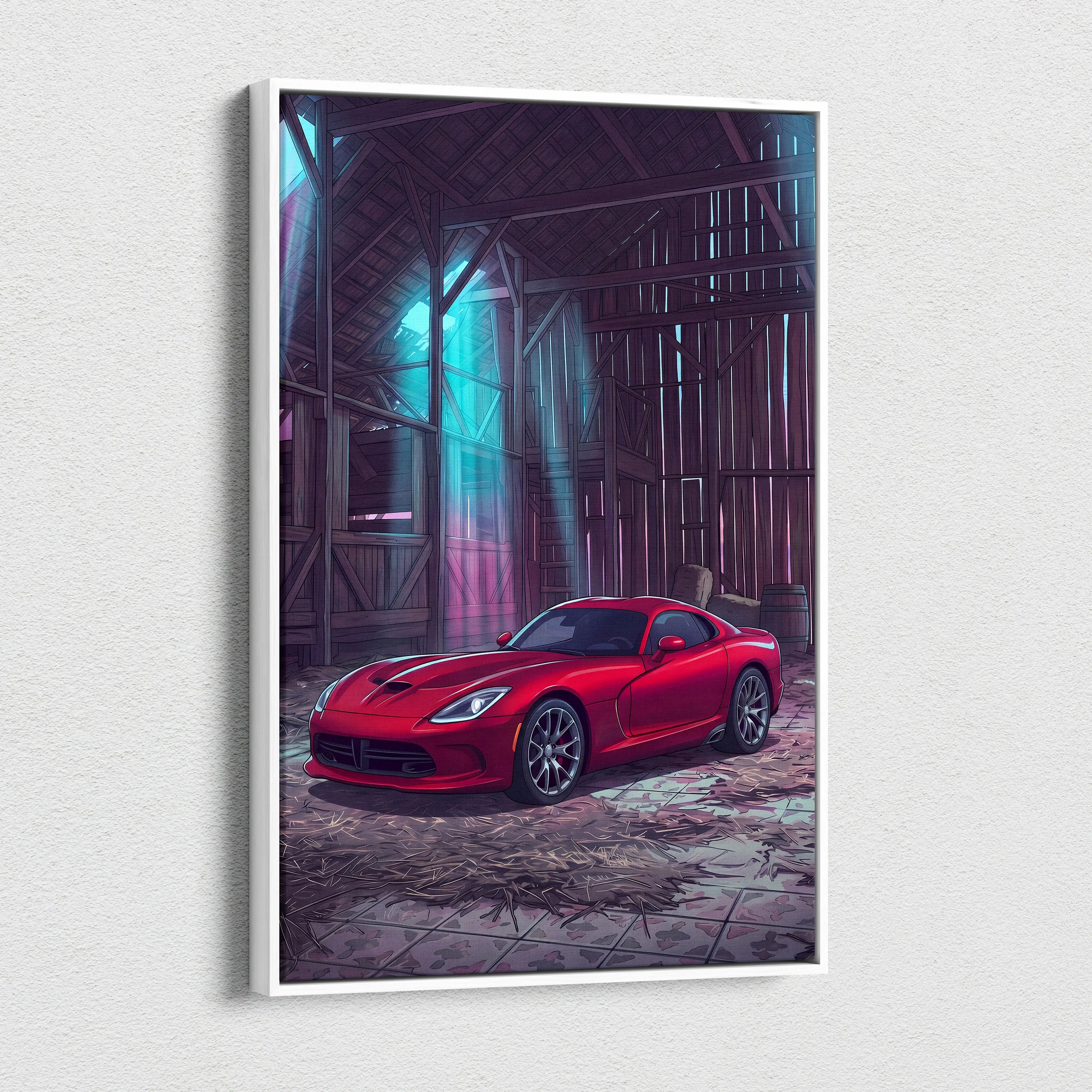 Dodge Viper Inspired Red Teal Canvas Wall Art, Vaporwave Sports Car Artwork, Neon Barn Garage Decor, Retro Futuristic Muscle Car Print