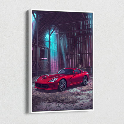 Dodge Viper Inspired Red Teal Canvas Wall Art, Vaporwave Sports Car Artwork, Neon Barn Garage Decor, Retro Futuristic Muscle Car Print