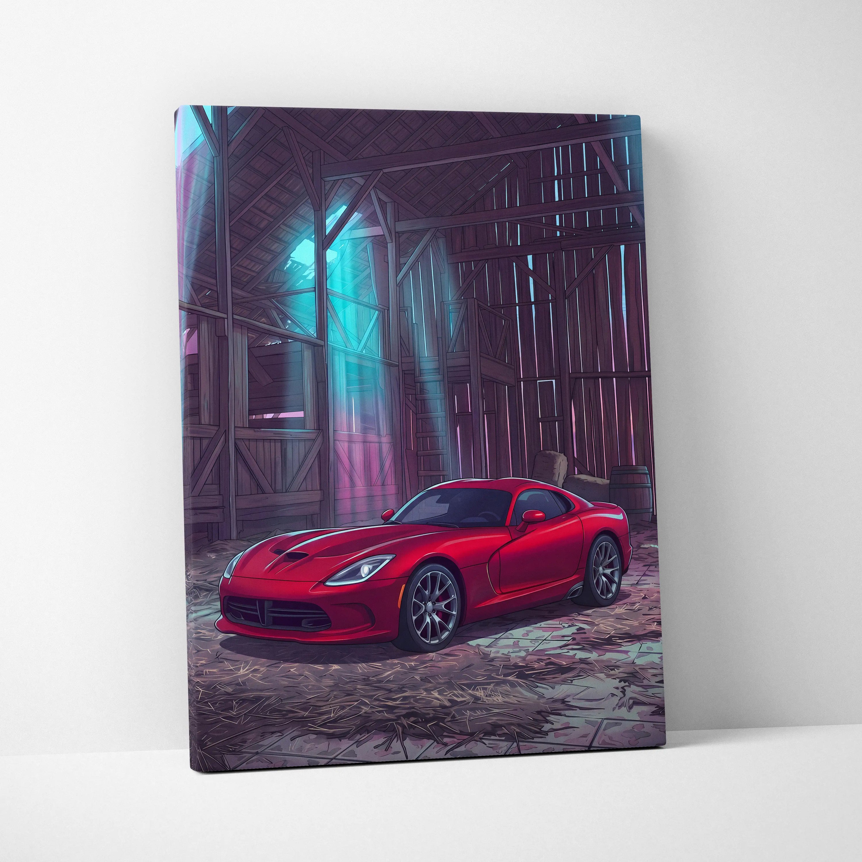 Dodge Viper Inspired Red Teal Canvas Wall Art, Vaporwave Sports Car Artwork, Neon Barn Garage Decor, Retro Futuristic Muscle Car Print