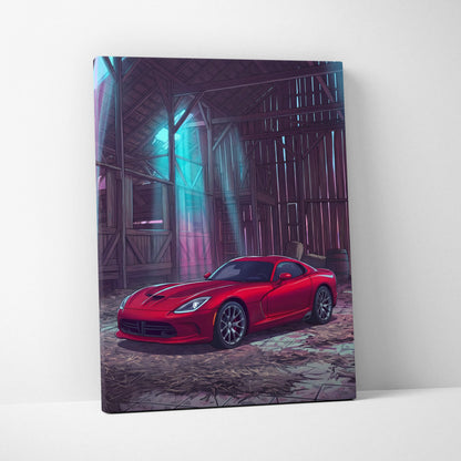 Dodge Viper Inspired Red Teal Canvas Wall Art, Vaporwave Sports Car Artwork, Neon Barn Garage Decor, Retro Futuristic Muscle Car Print